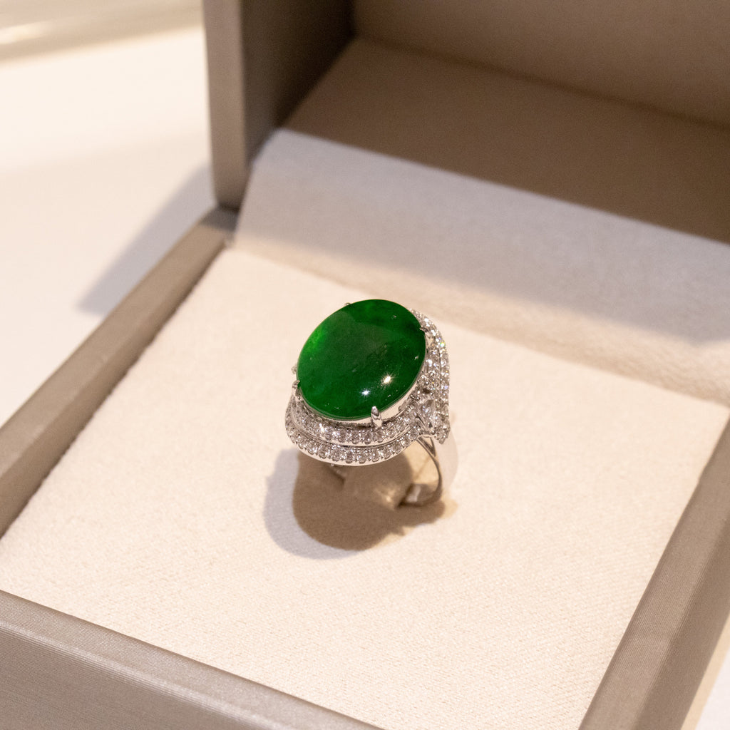Intense Green Burmese Jadeite Cabochon Ring in 18K White Gold with Diamonds