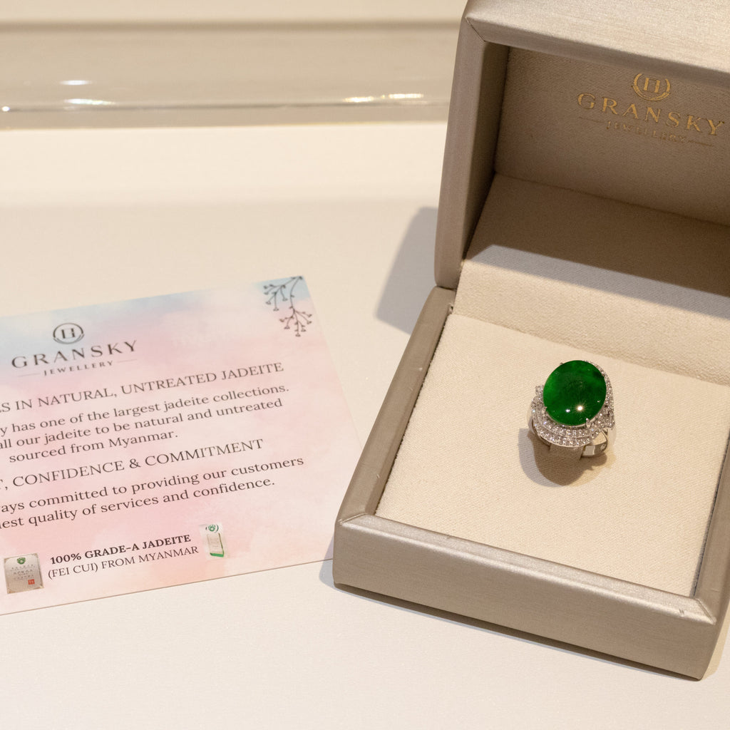 Intense Green Burmese Jadeite Cabochon Ring in 18K White Gold with Diamonds