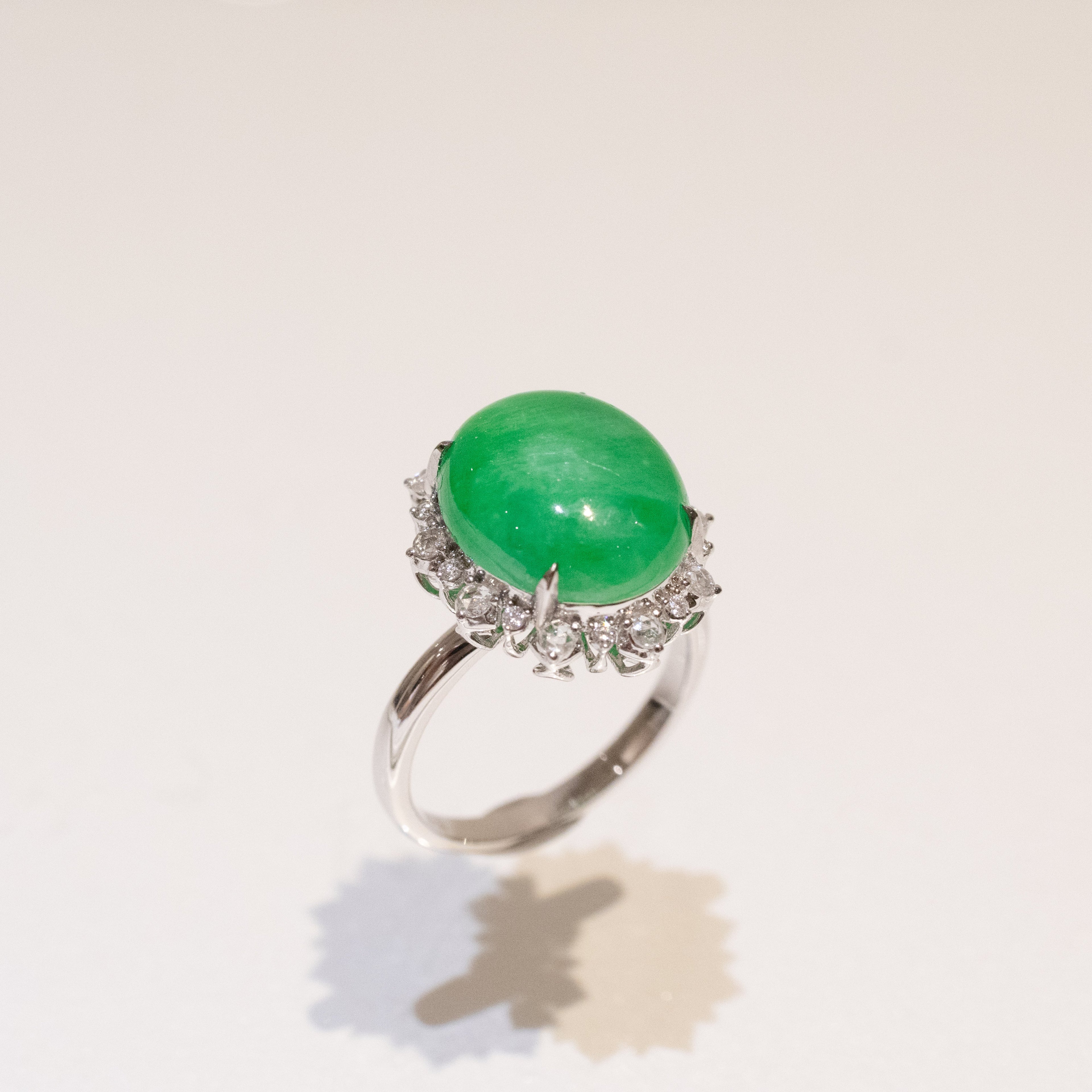 US6.25 Bright Apple Green Cabochon Jadeite Ring – 18k White Gold & Natural Diamonds