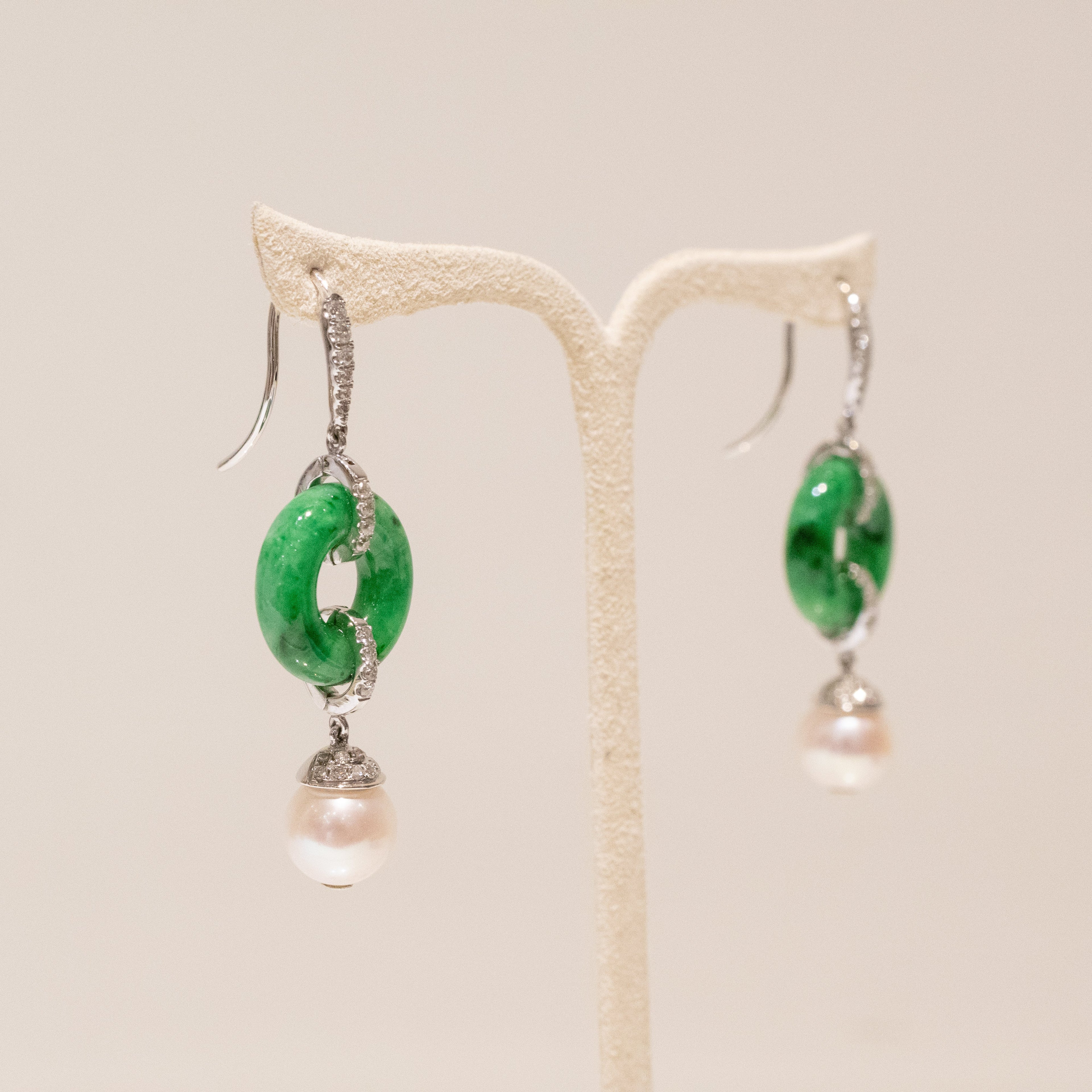 18k White Gold Natural Green Jade Donut Disc Earrings with Diamond Accents and Pearl Drop