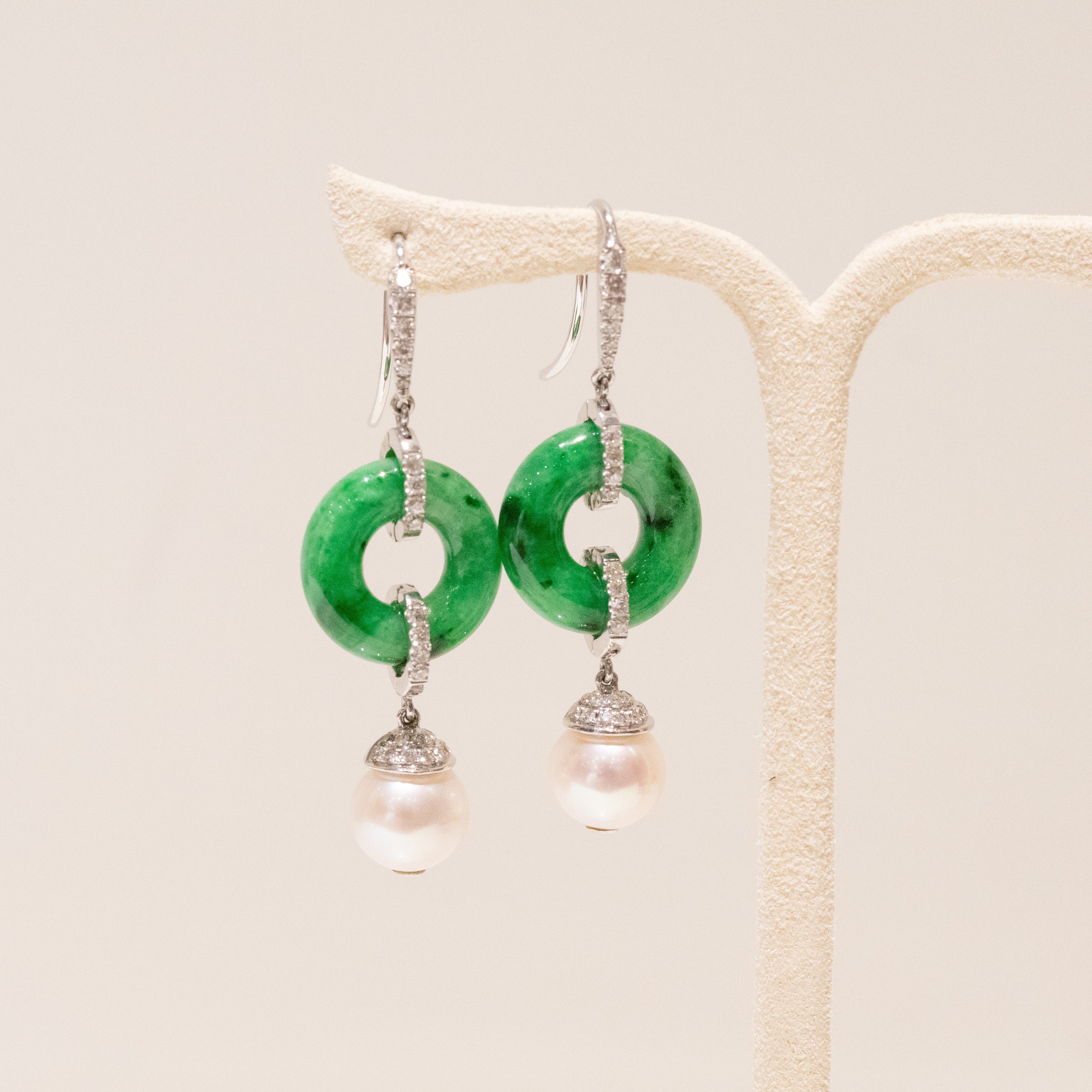 18k White Gold Natural Green Jade Donut Disc Earrings with Diamond Accents and Pearl Drop