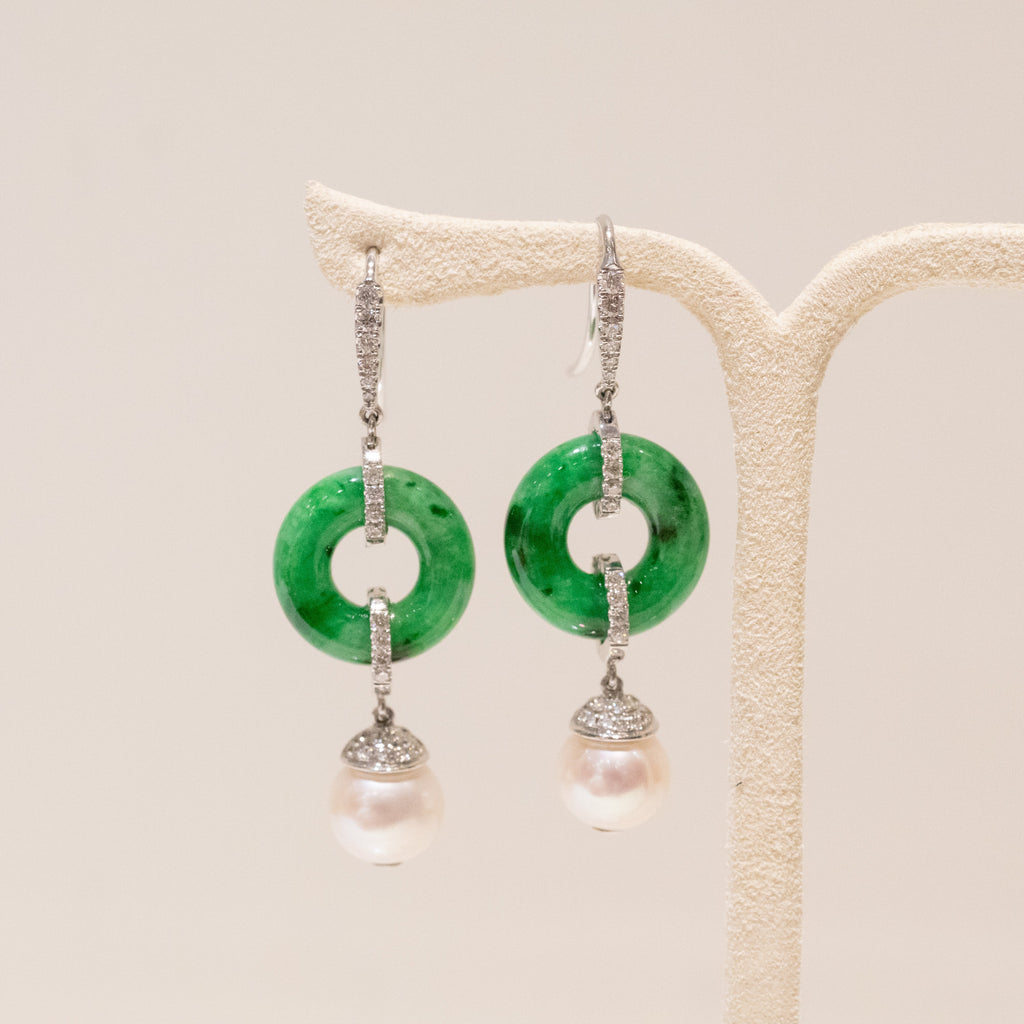 18k White Gold Natural Green Jade Donut Disc Earrings with Diamond Accents and Pearl Drop
