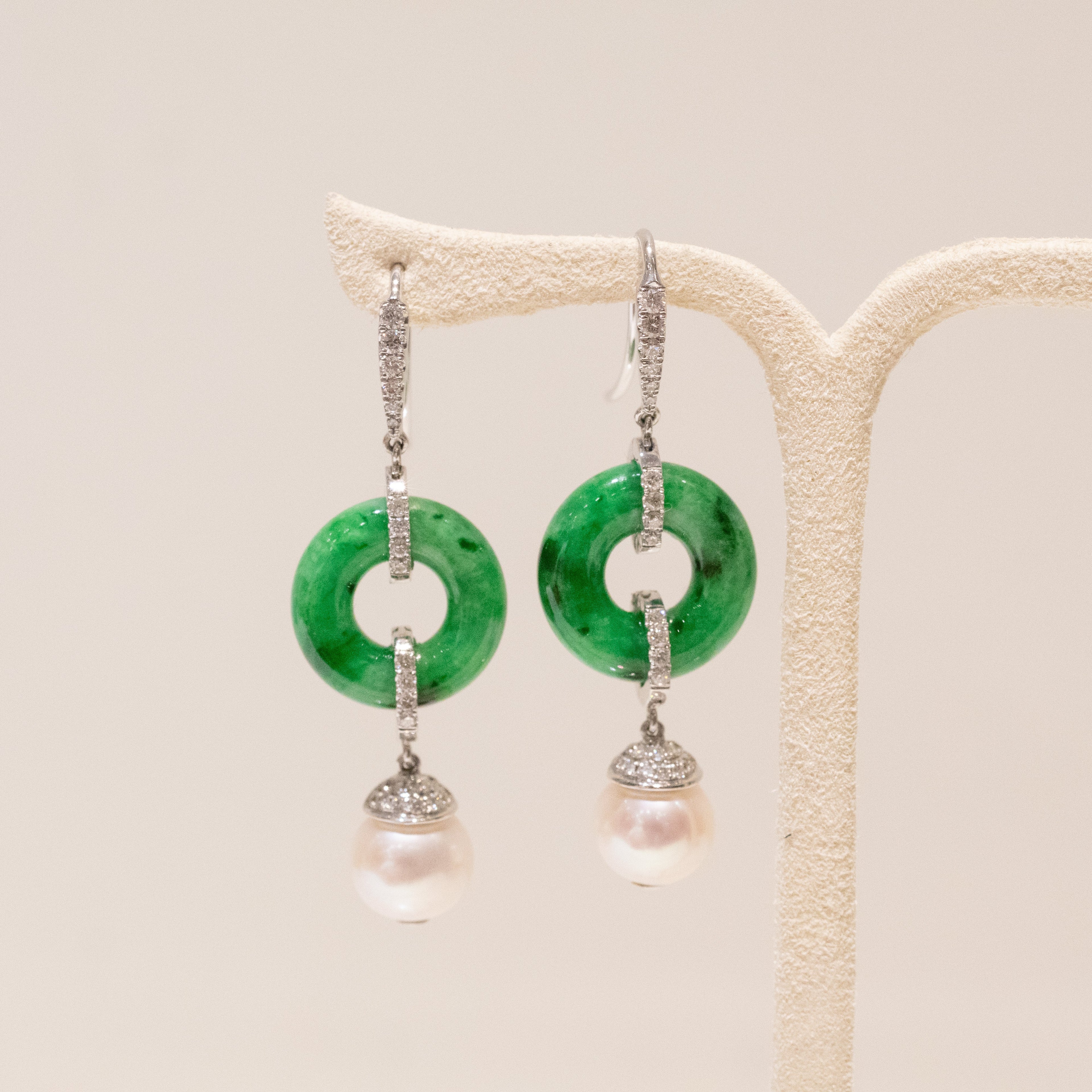 18k White Gold Natural Green Jade Donut Disc Earrings with Diamond Accents and Pearl Drop