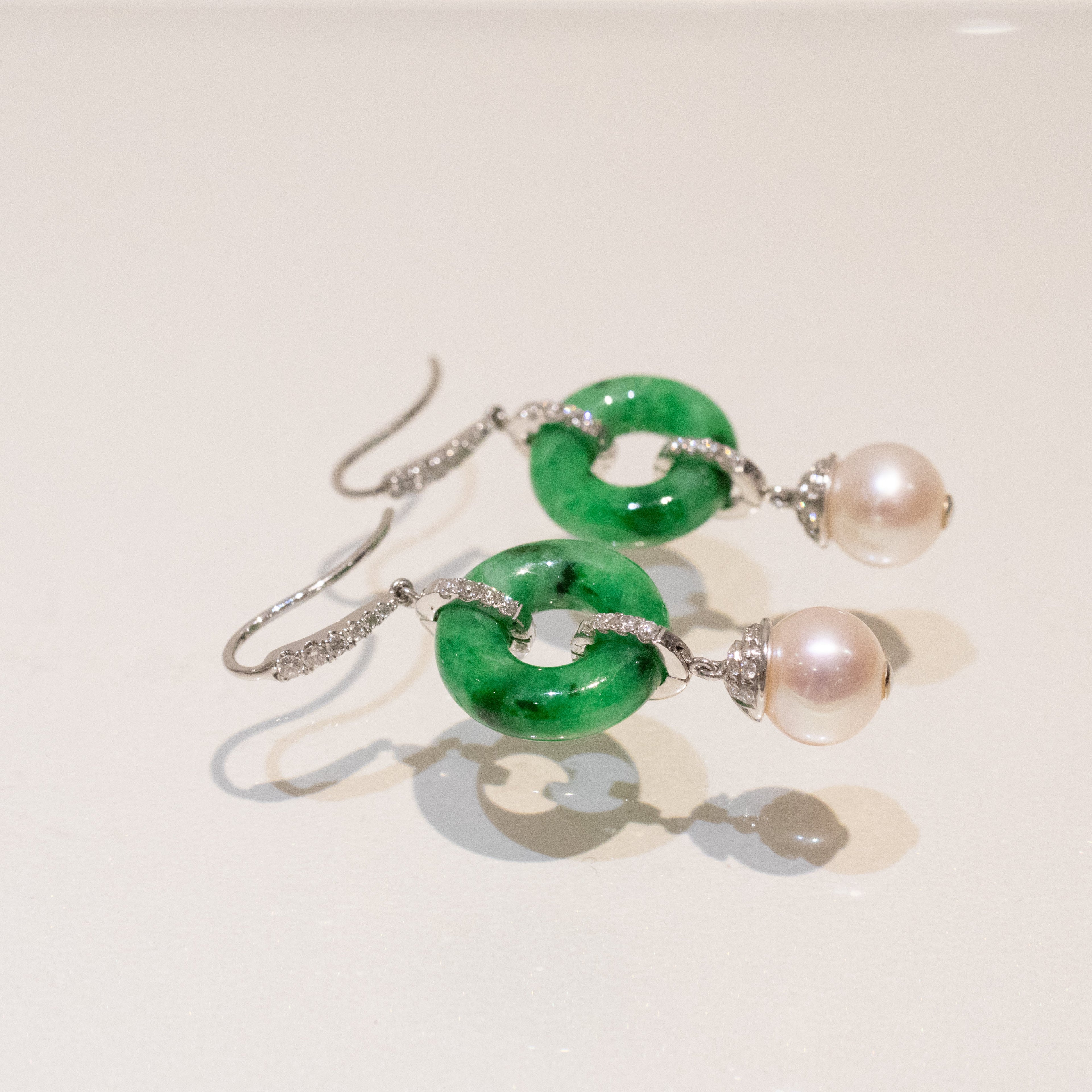 18k White Gold Natural Green Jade Donut Disc Earrings with Diamond Accents and Pearl Drop
