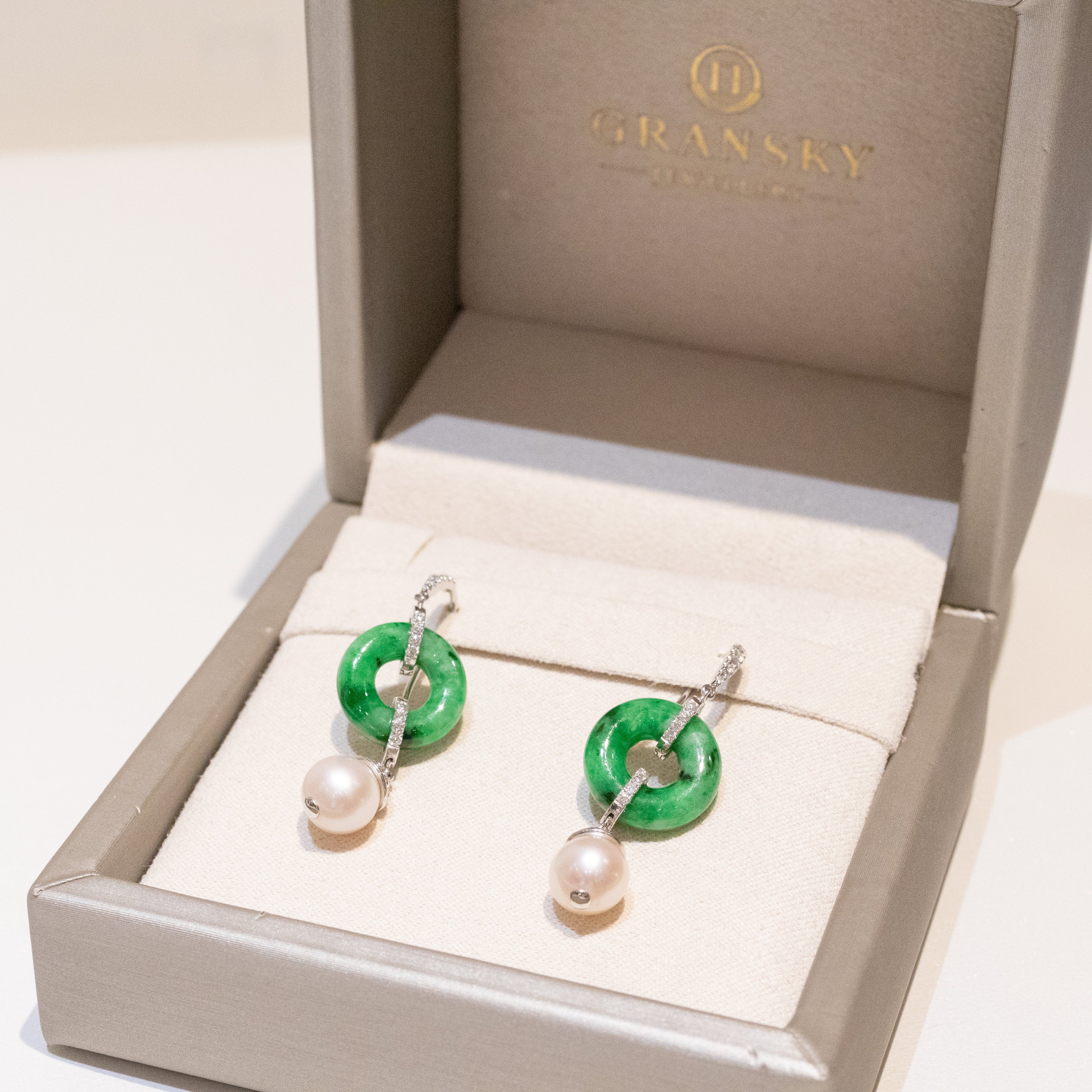 18k White Gold Natural Green Jade Donut Disc Earrings with Diamond Accents and Pearl Drop