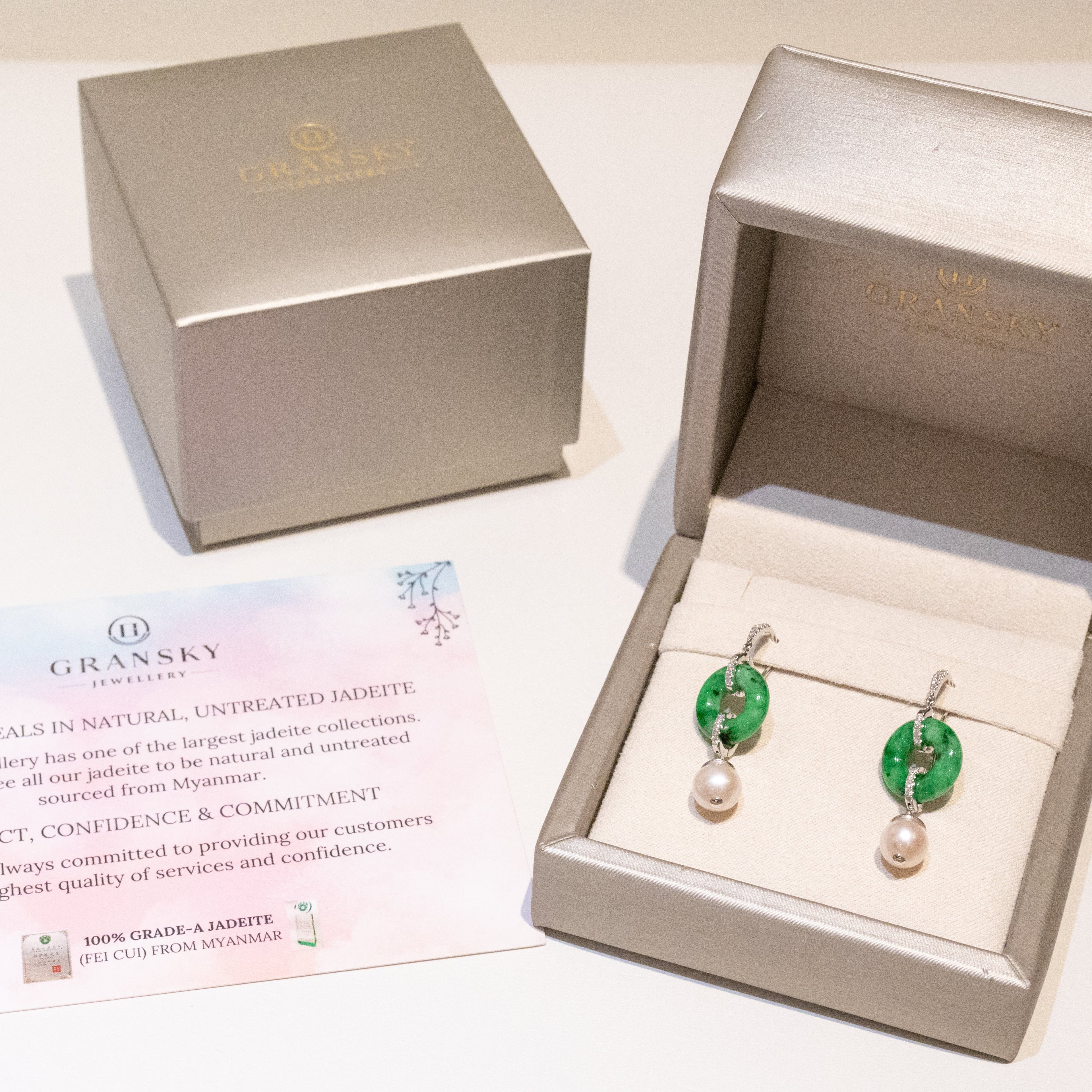 18k White Gold Natural Green Jade Donut Disc Earrings with Diamond Accents and Pearl Drop