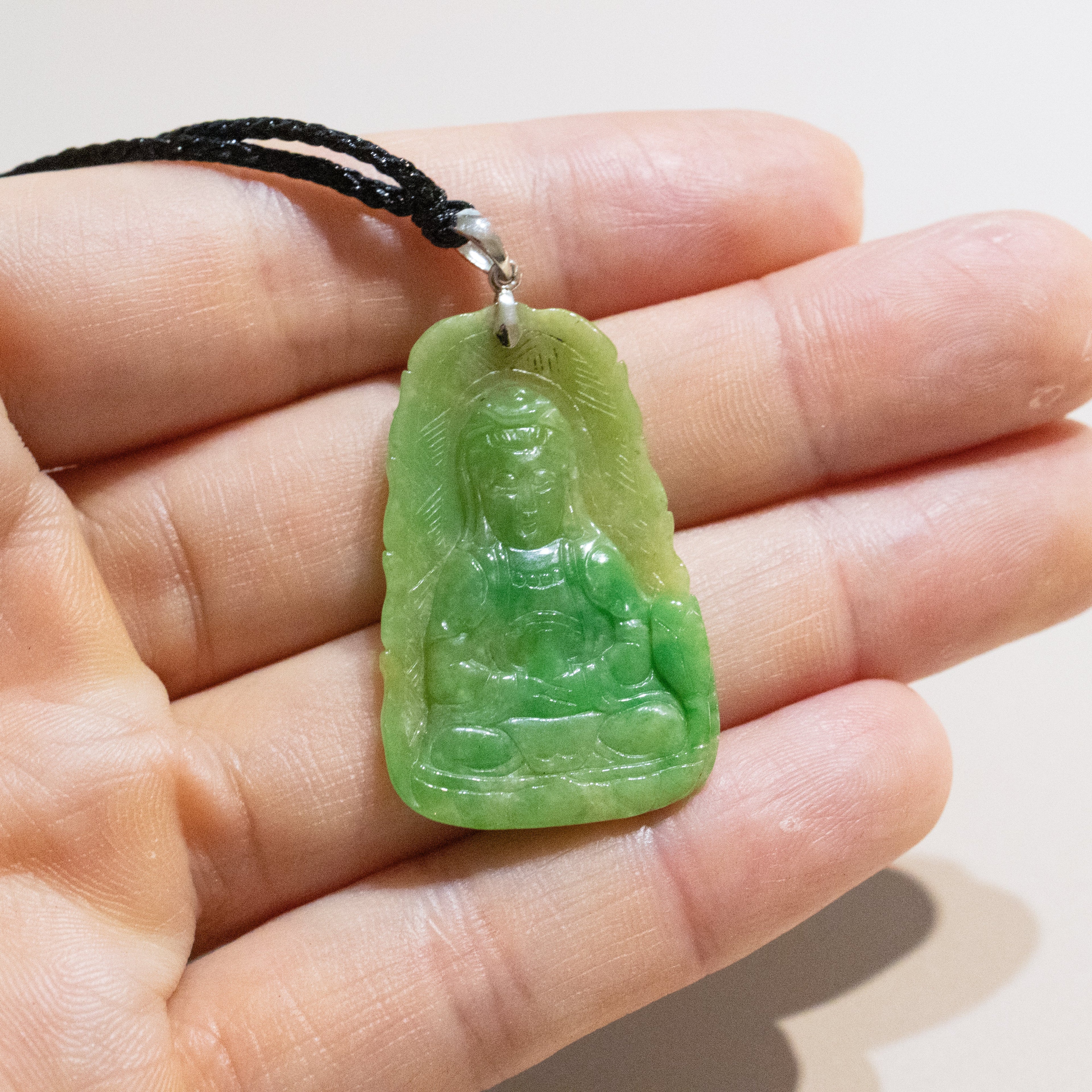 43.8mm Handmade Bright Green Guanyin Jade Pendant in 18K White Gold
