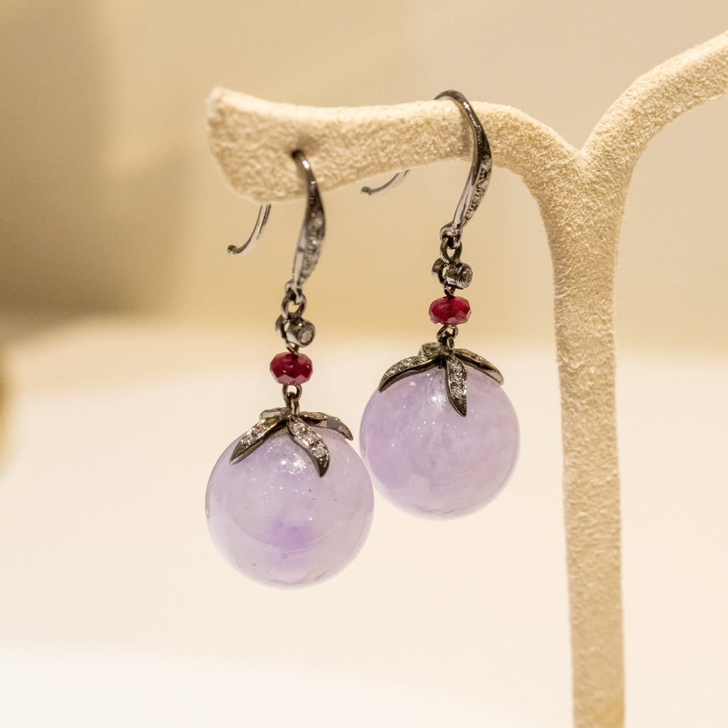 Gransky 18K Gold Lavender Jade Jewelry Purple Jade Bead Earrings with Rubies