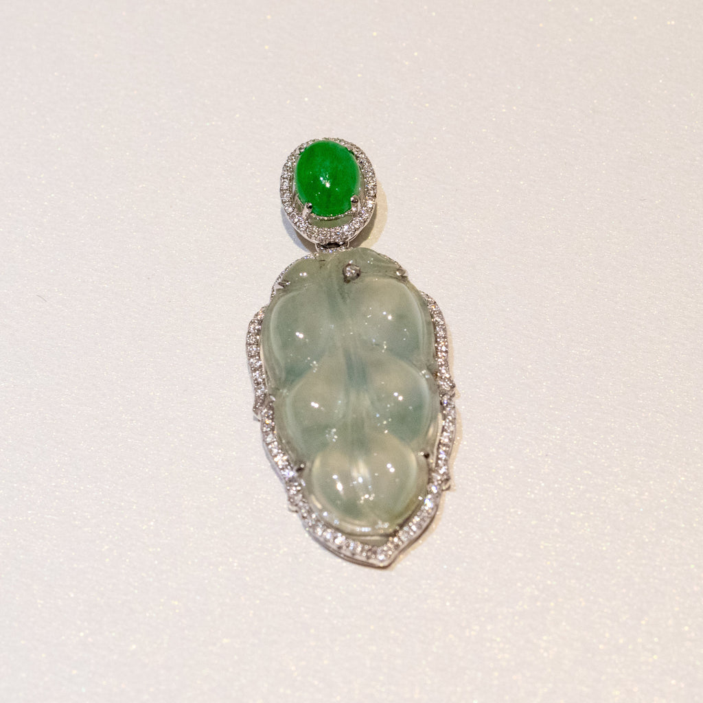 Icy White Jade Leaf Pendant Necklace in 18K White Gold with Diamonds