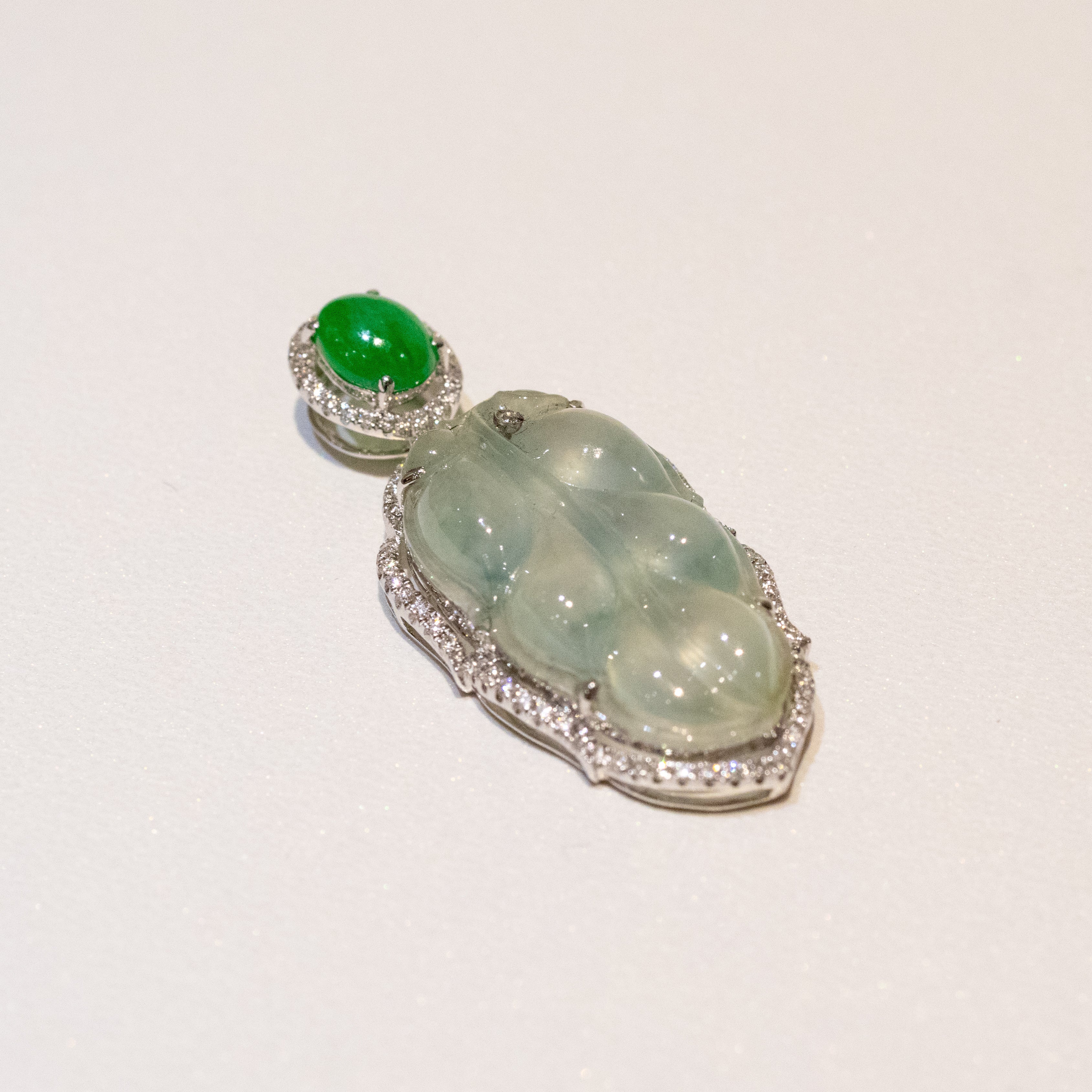 Icy White Jade Leaf Pendant Necklace in 18K White Gold with Diamonds