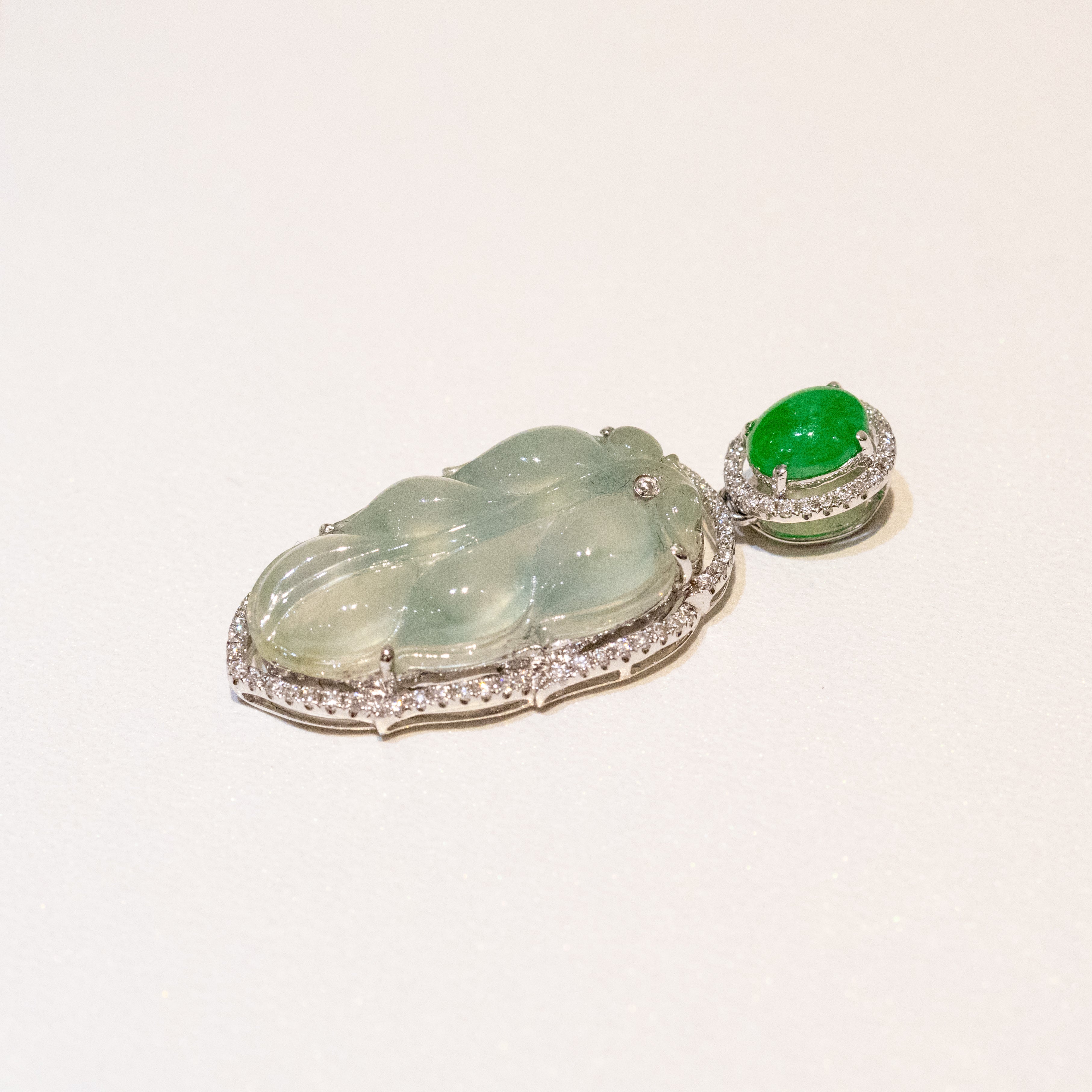 Icy White Jade Leaf Pendant Necklace in 18K White Gold with Diamonds