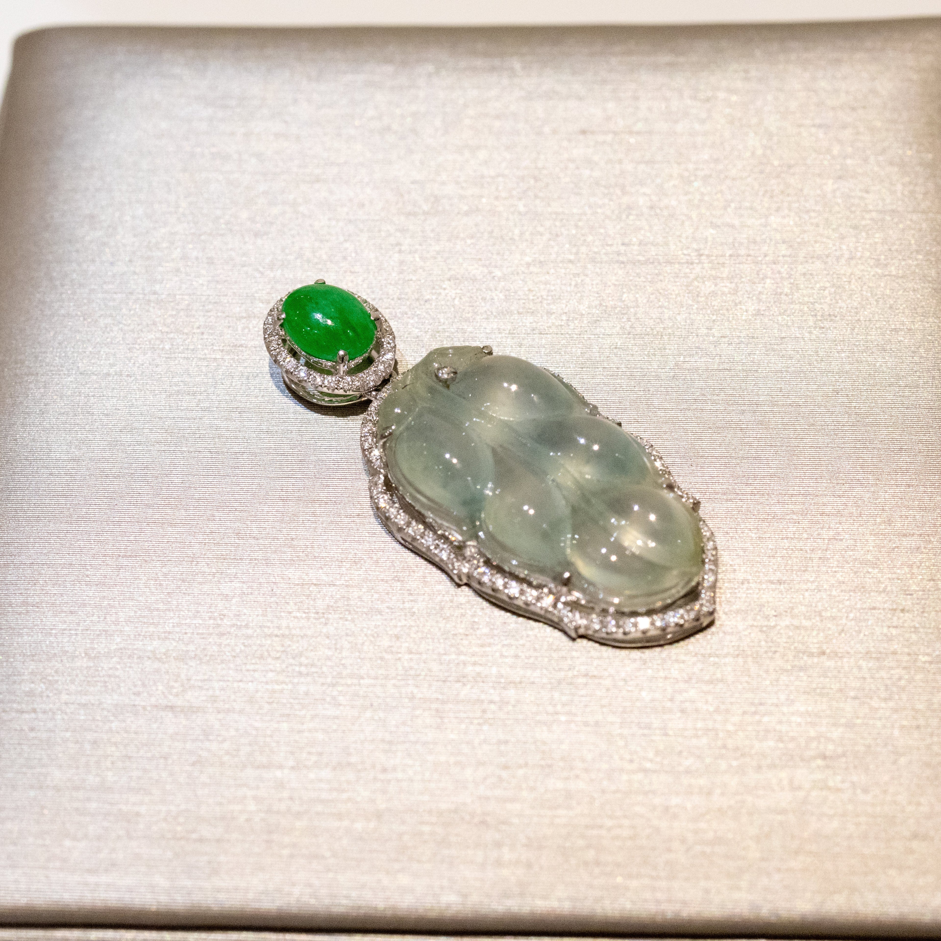 Icy White Jade Leaf Pendant Necklace in 18K White Gold with Diamonds