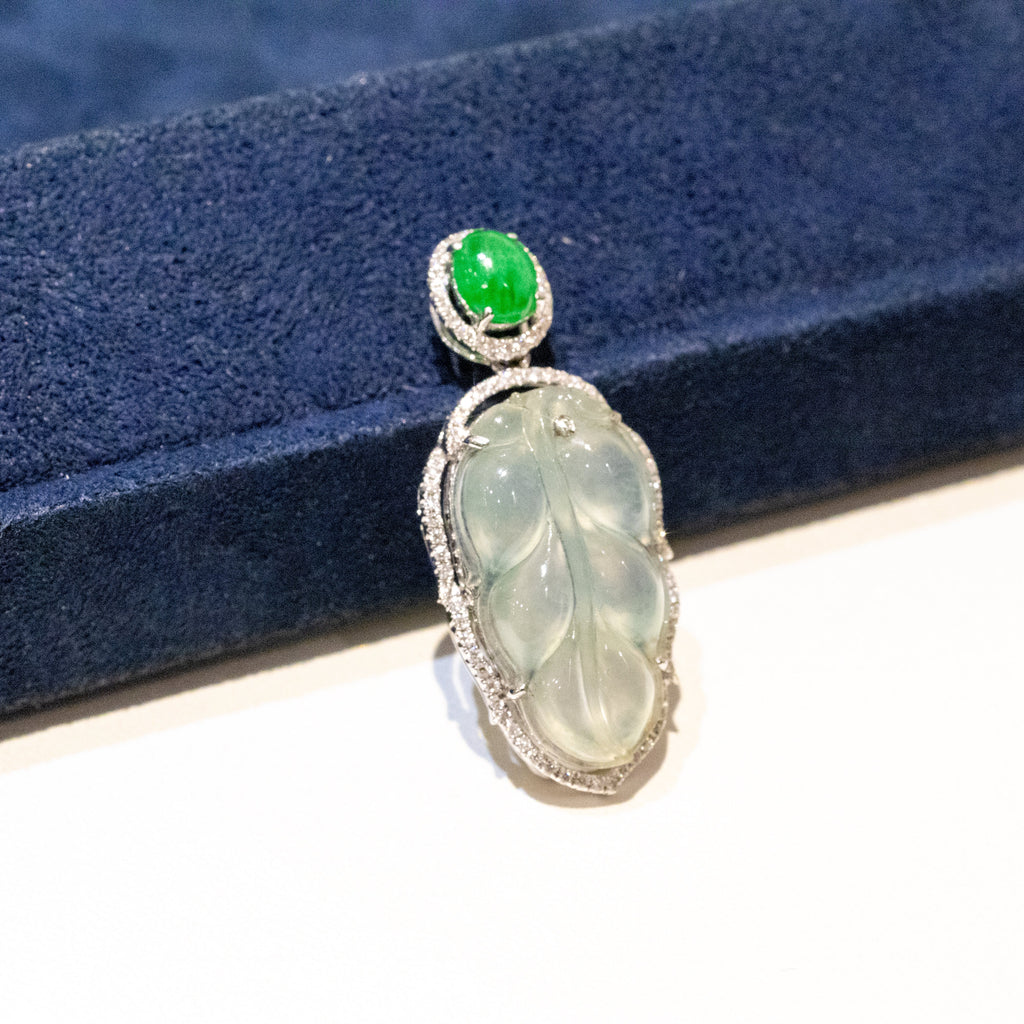Icy White Jade Leaf Pendant Necklace in 18K White Gold with Diamonds