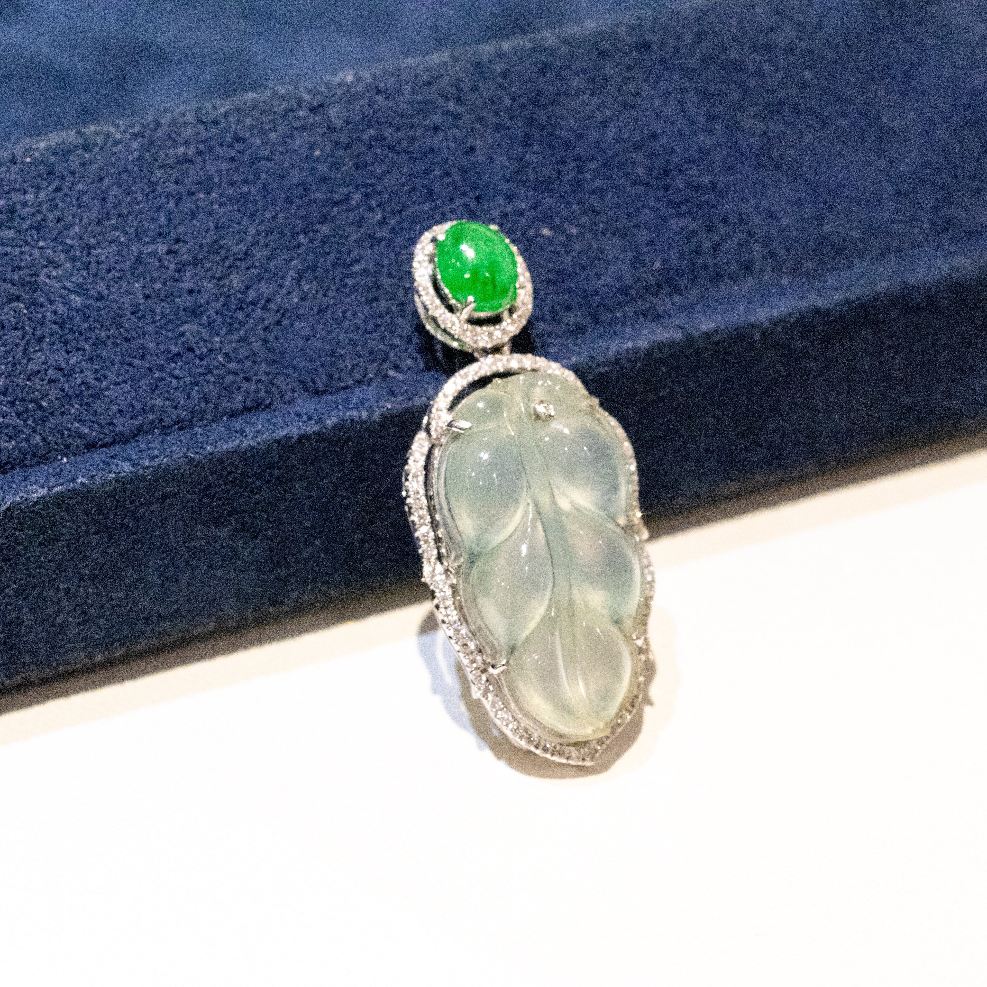 Icy White Jade Leaf Pendant Necklace in 18K White Gold with Diamonds