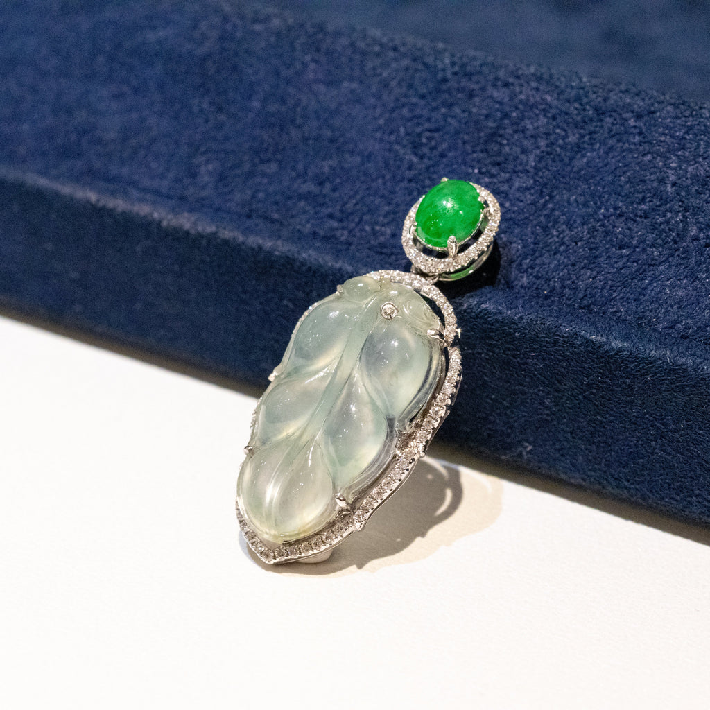 Icy White Jade Leaf Pendant Necklace in 18K White Gold with Diamonds