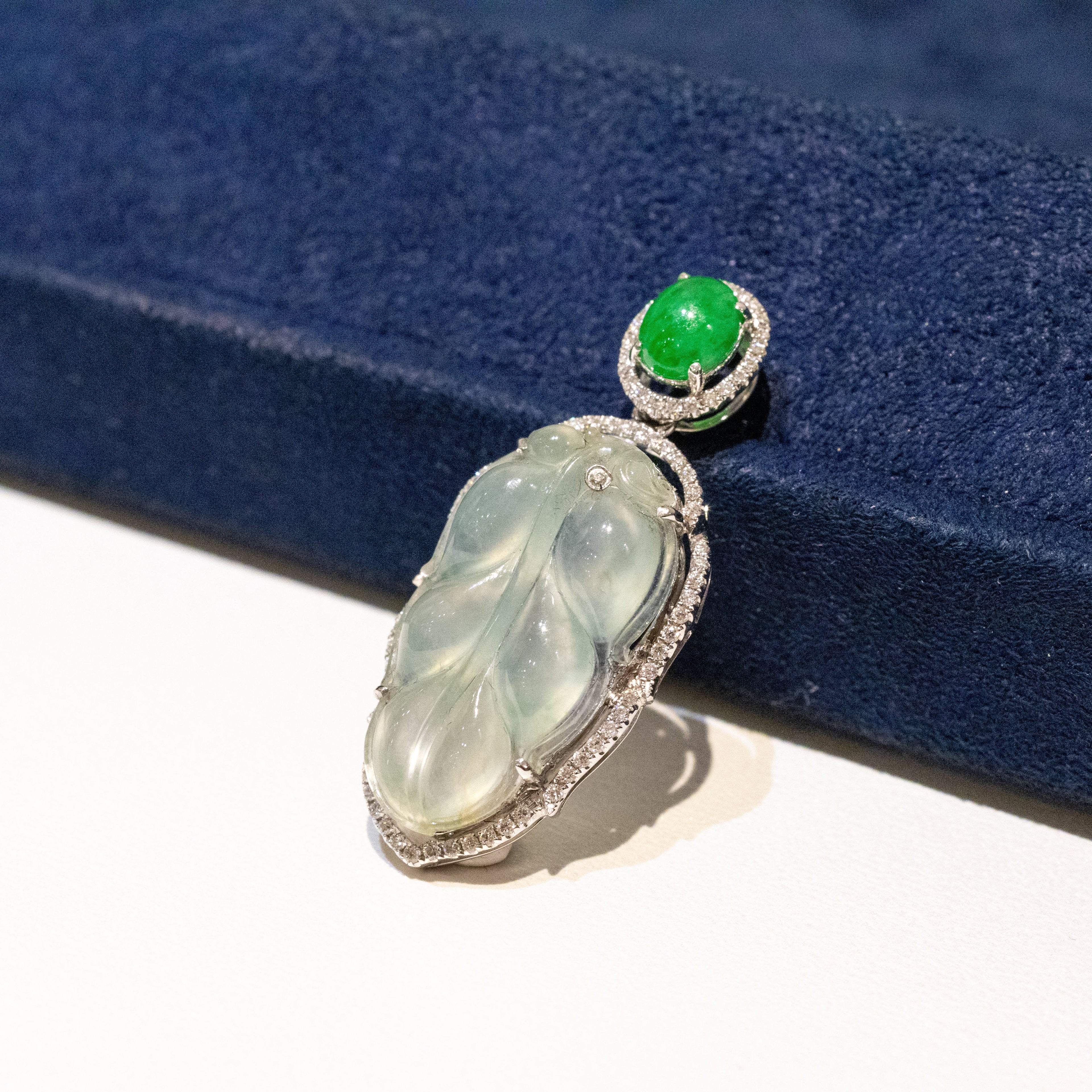 Icy White Jade Leaf Pendant Necklace in 18K White Gold with Diamonds