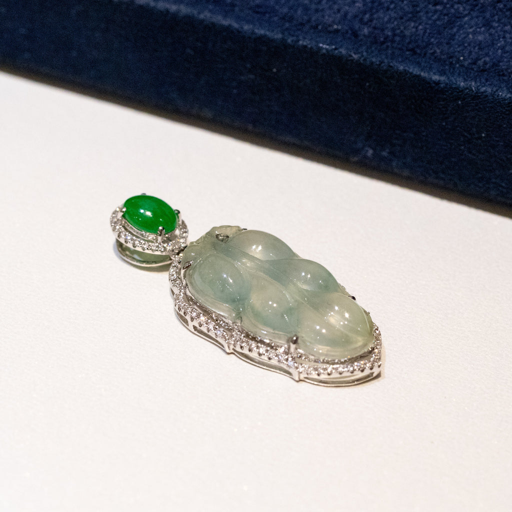 Icy White Jade Leaf Pendant Necklace in 18K White Gold with Diamonds