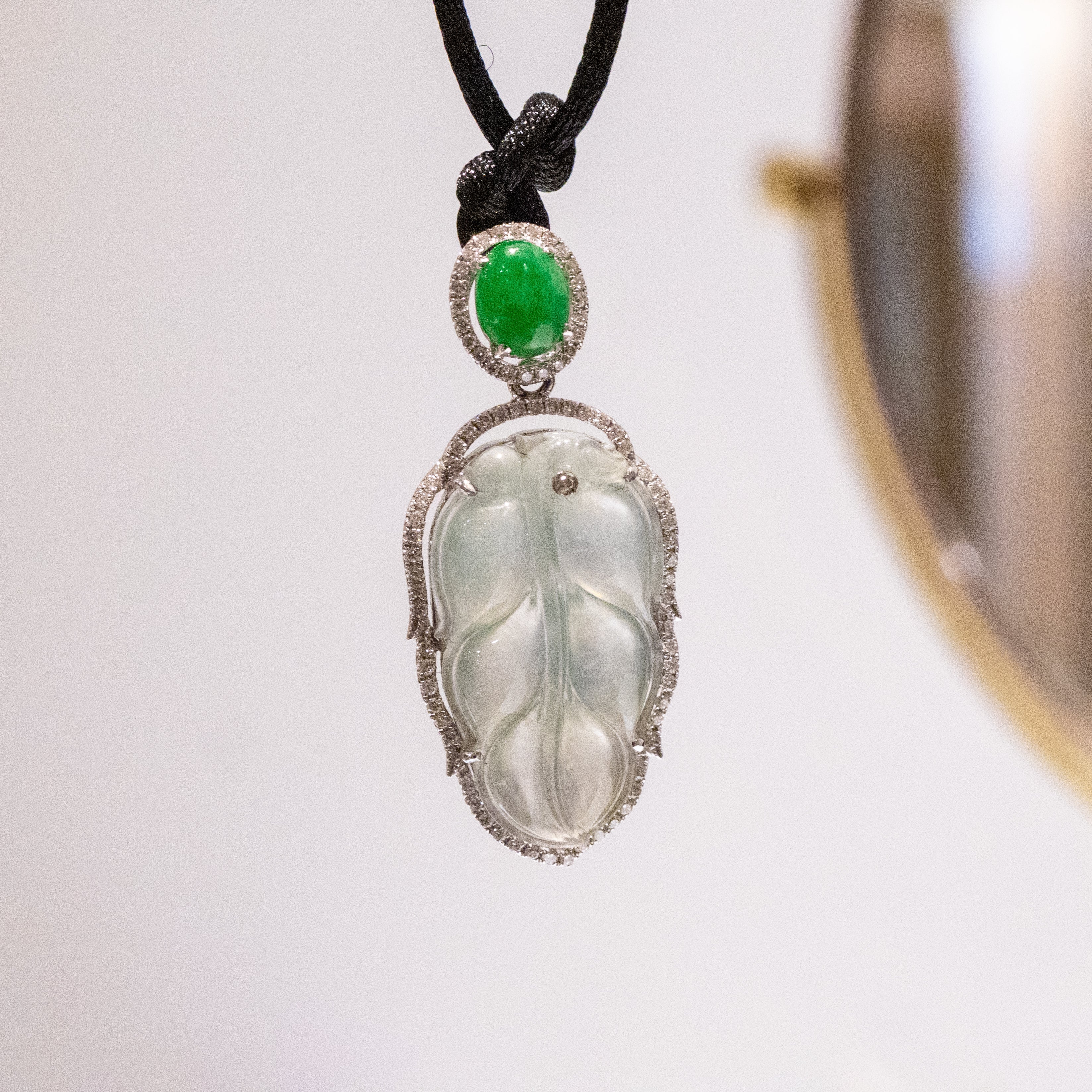 Icy White Jade Leaf Pendant Necklace in 18K White Gold with Diamonds