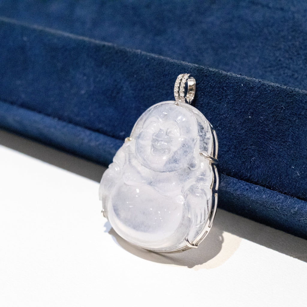 Icy White Jade Buddha Pendant with 18k Gold Bail - Symbol of Peace and Serenity