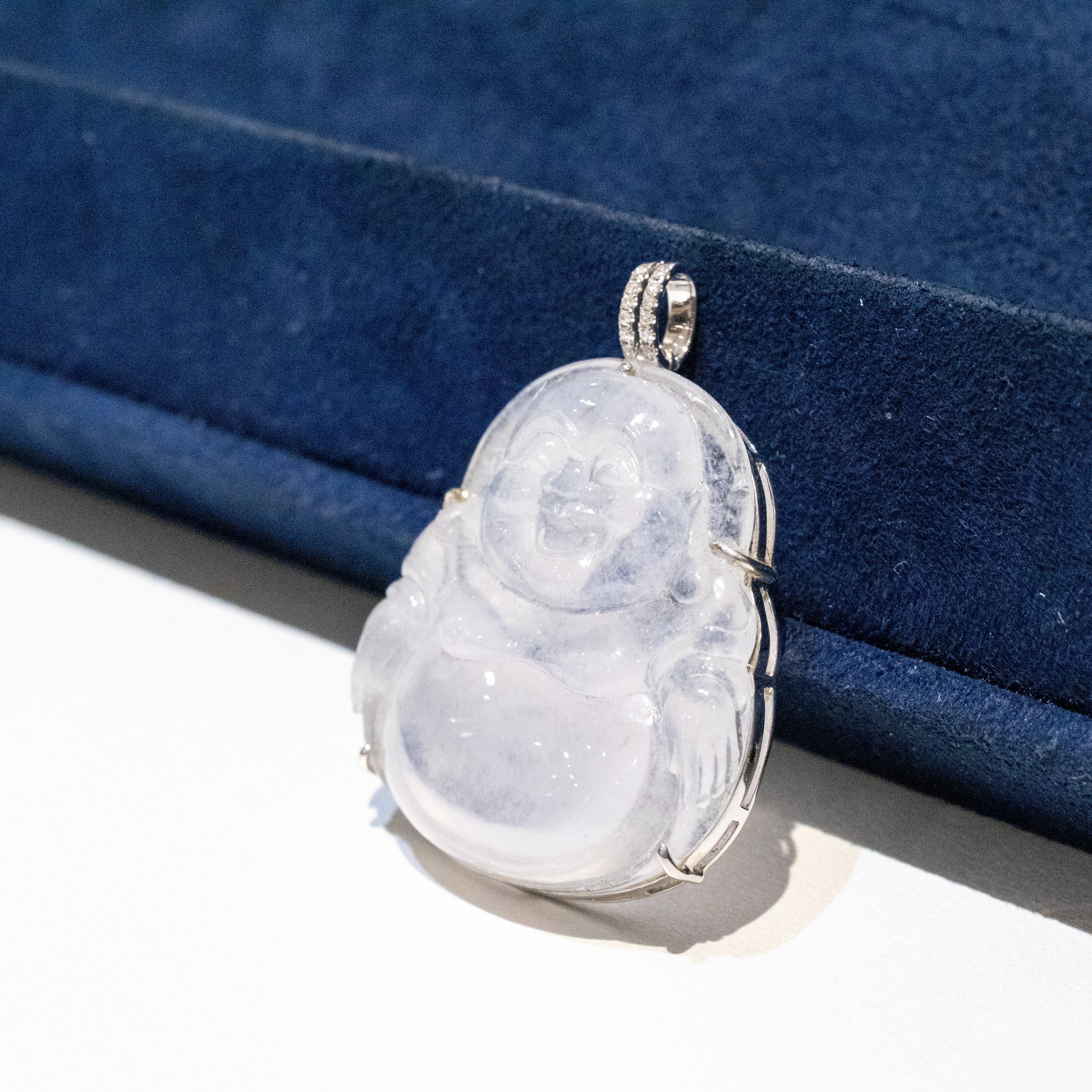 Icy White Jade Buddha Pendant with 18k Gold Bail - Symbol of Peace and Serenity
