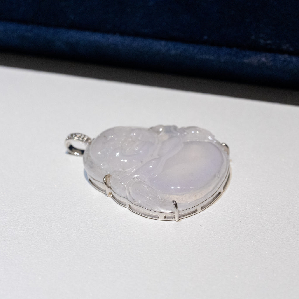 Icy White Jade Buddha Pendant with 18k Gold Bail - Symbol of Peace and Serenity