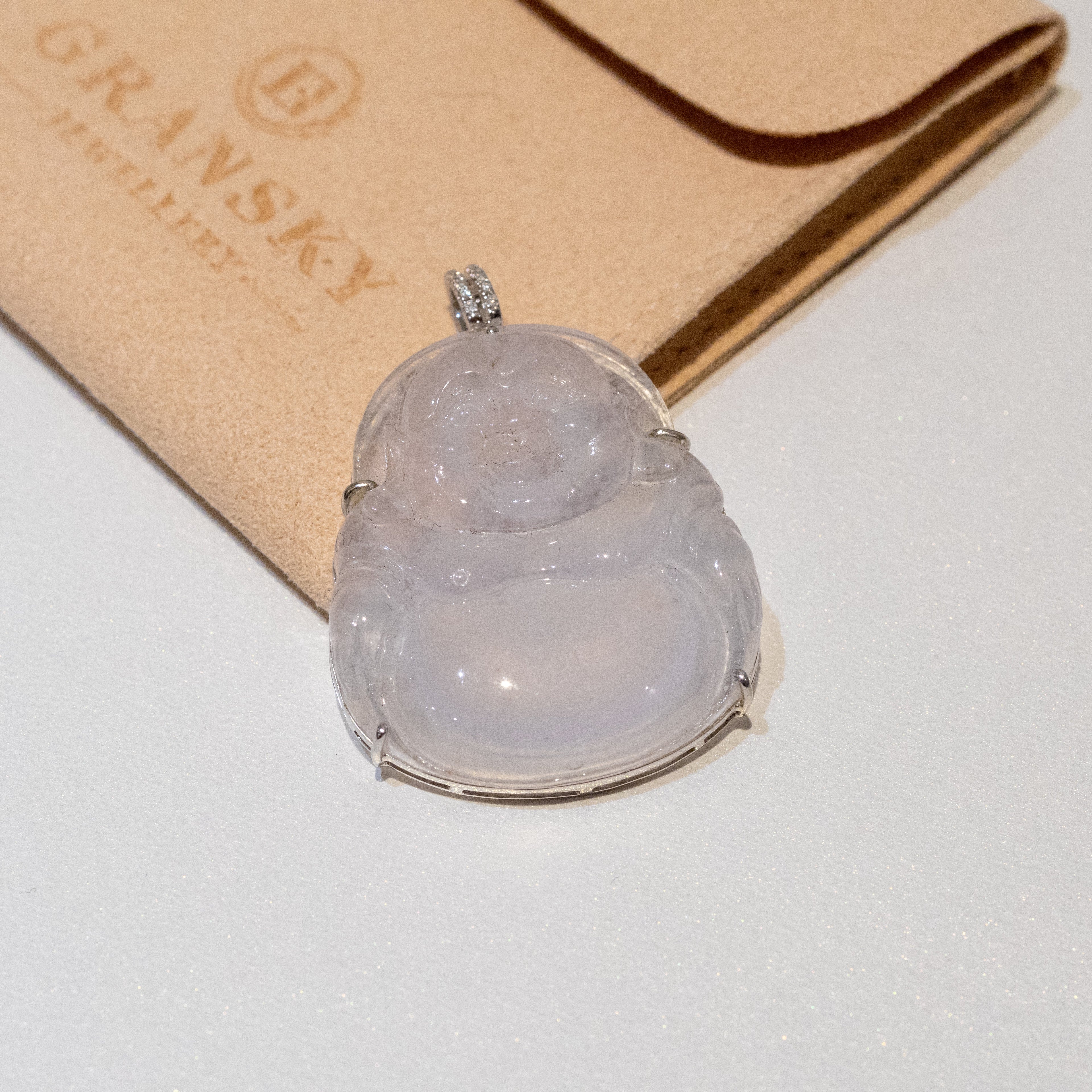 Icy White Jade Buddha Pendant with 18k Gold Bail - Symbol of Peace and Serenity