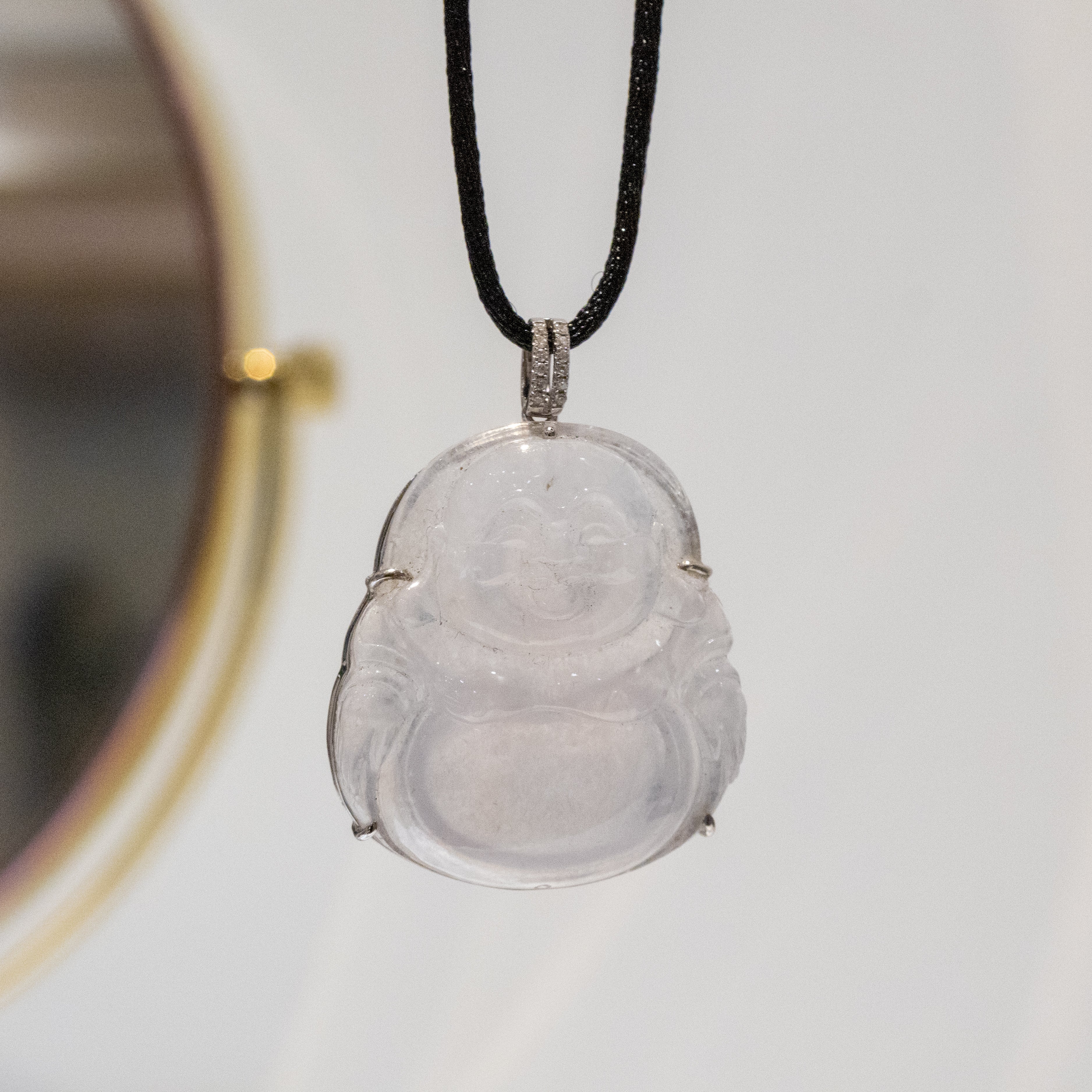 Icy White Jade Buddha Pendant with 18k Gold Bail - Symbol of Peace and Serenity