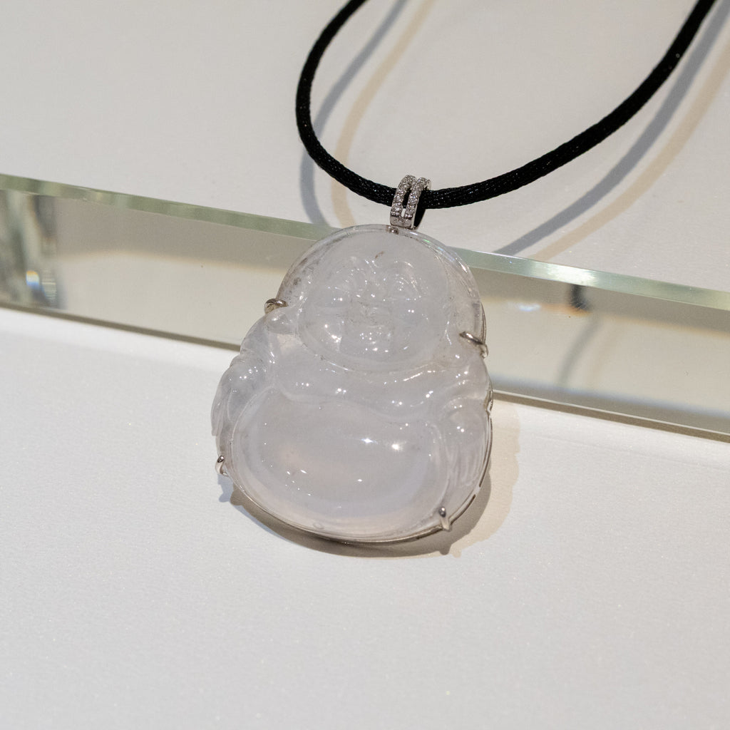 Icy White Jade Buddha Pendant with 18k Gold Bail - Symbol of Peace and Serenity
