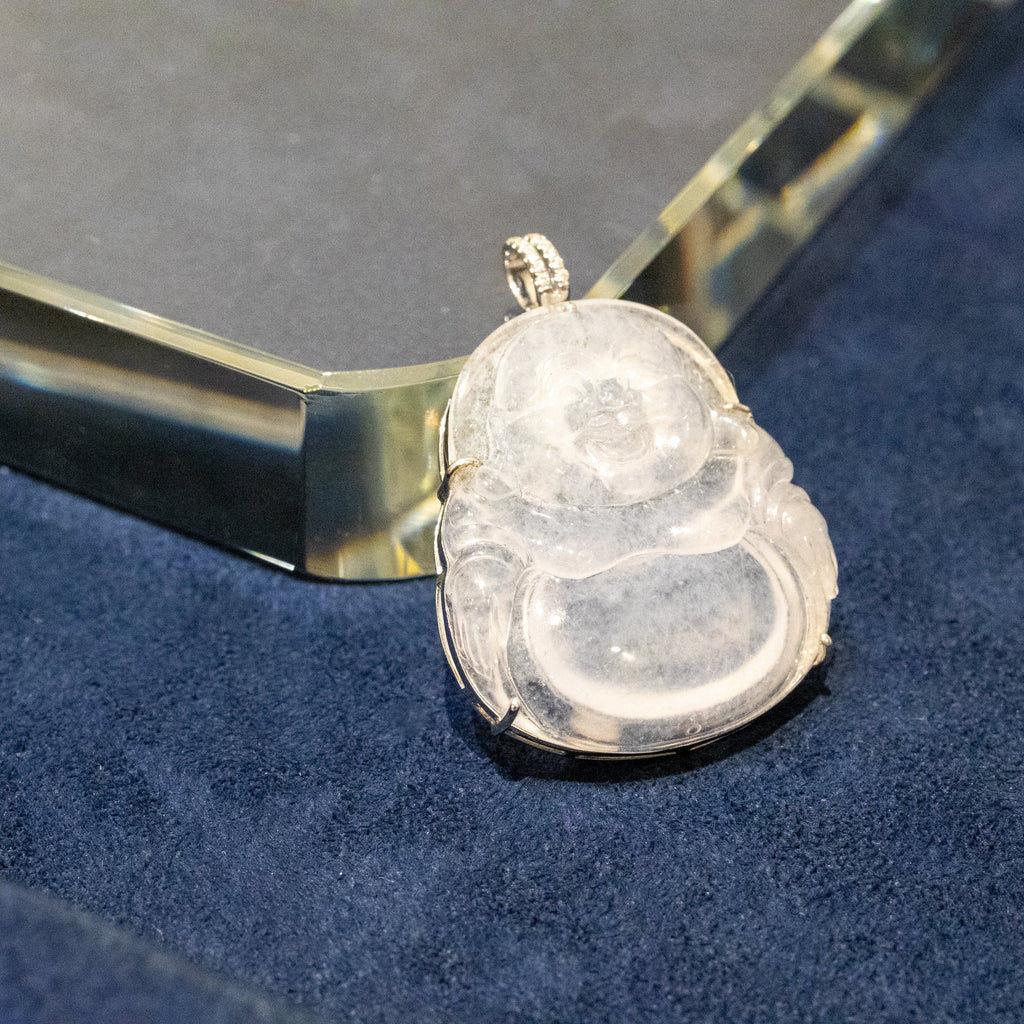 Icy White Jade Buddha Pendant with 18k Gold Bail - Symbol of Peace and Serenity
