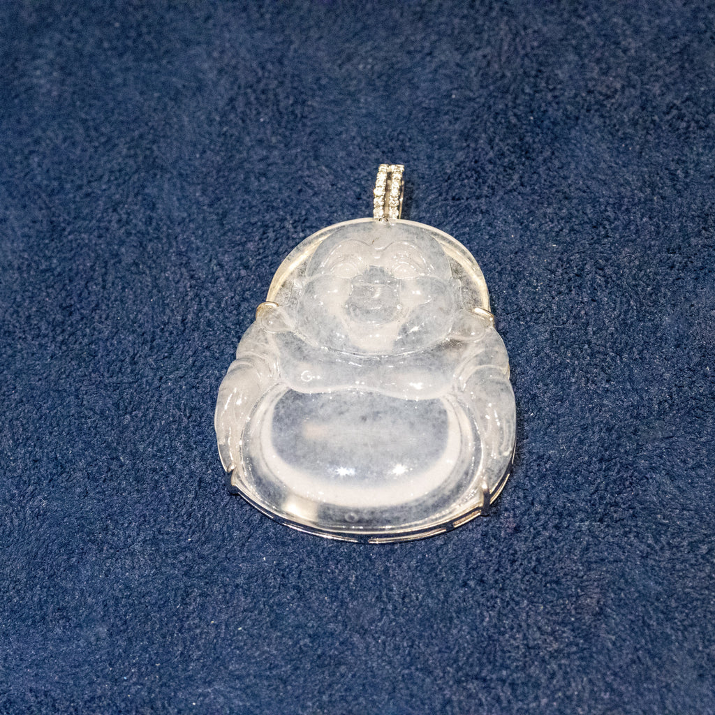 Icy White Jade Buddha Pendant with 18k Gold Bail - Symbol of Peace and Serenity