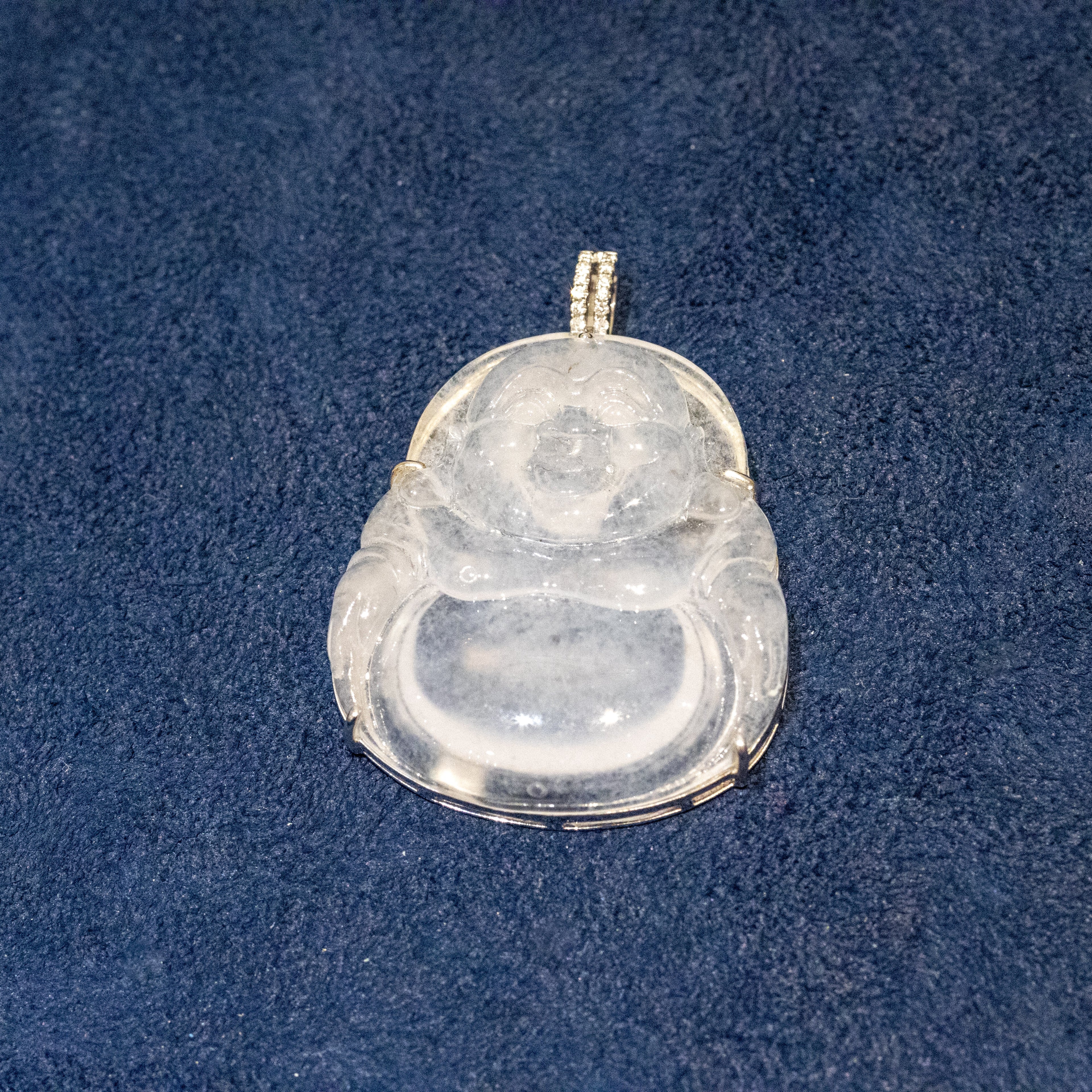 Icy White Jade Buddha Pendant with 18k Gold Bail - Symbol of Peace and Serenity