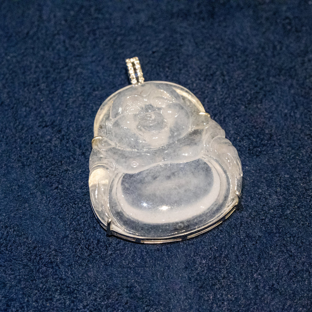 Icy White Jade Buddha Pendant with 18k Gold Bail - Symbol of Peace and Serenity
