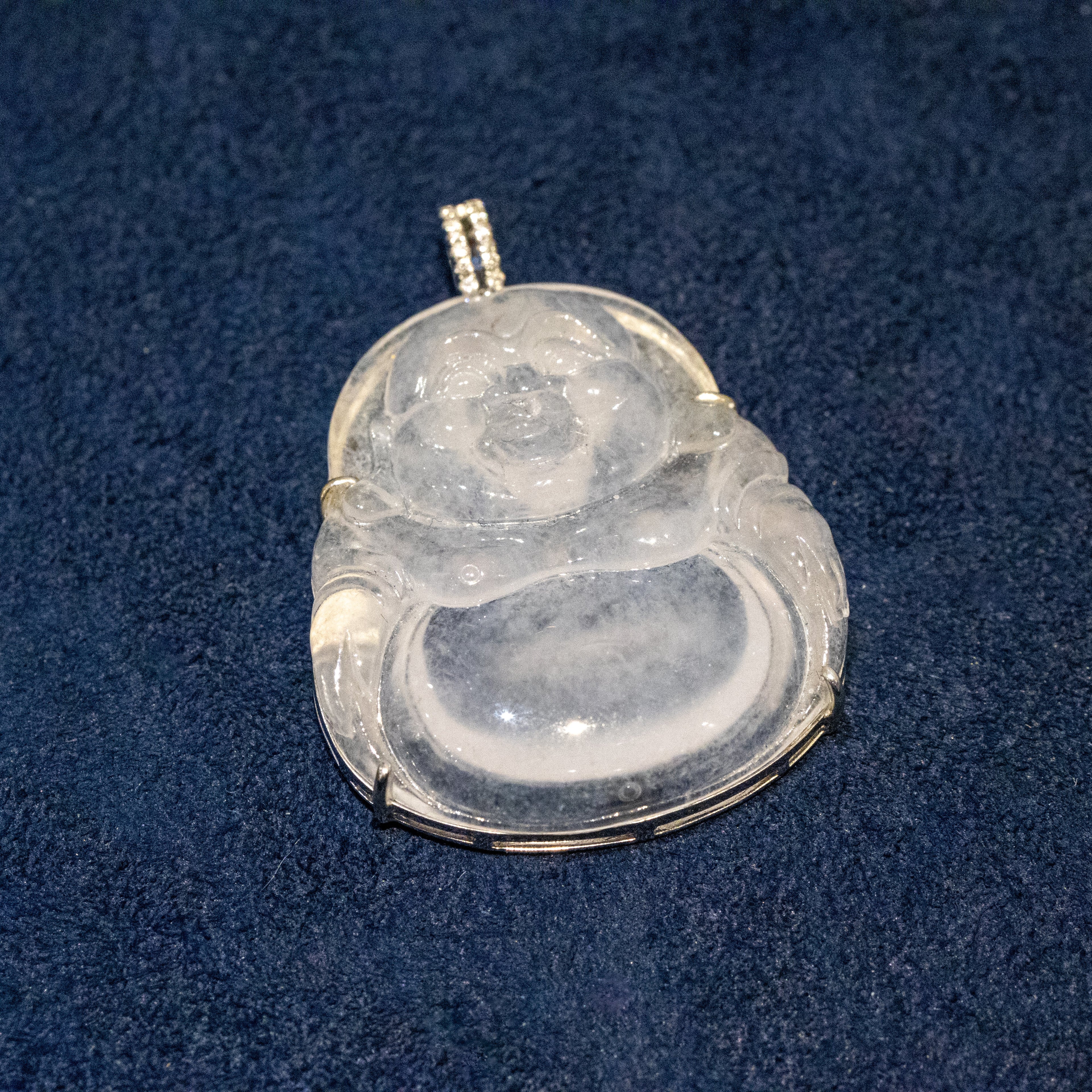 Icy White Jade Buddha Pendant with 18k Gold Bail - Symbol of Peace and Serenity