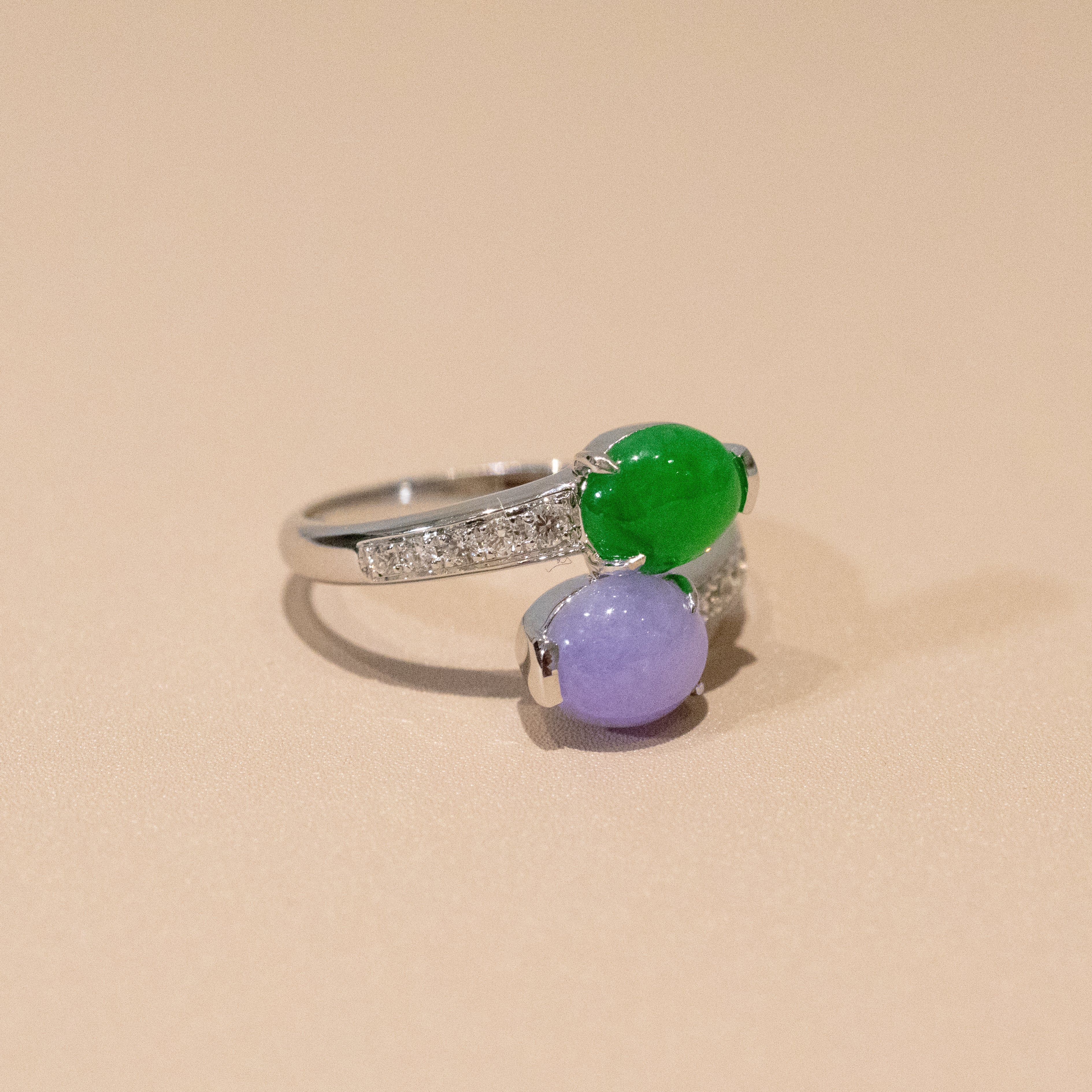 Rare Burmese Jade Cabochon Crossover Ring – Apple Green & Vivid Purple Jadeite, Diamond Accents, 18K White Gold