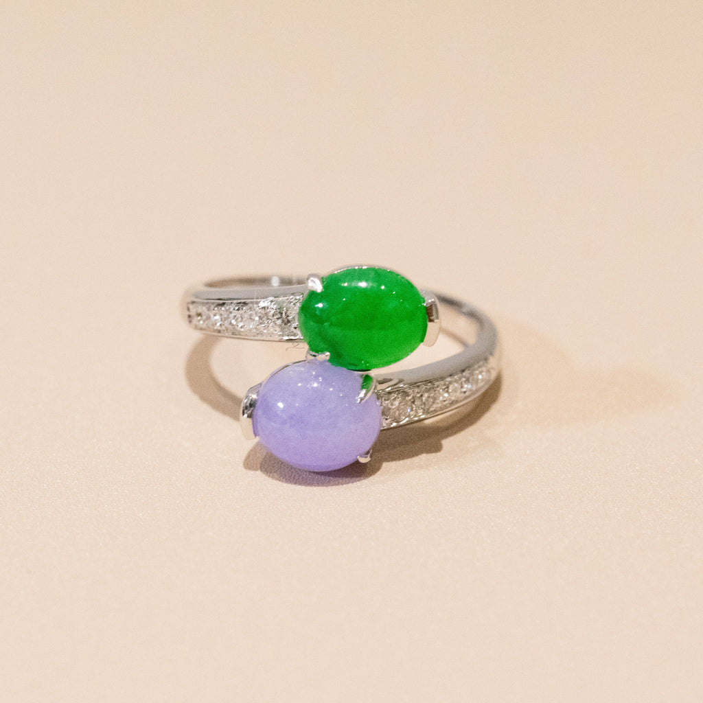 Rare Burmese Jade Cabochon Crossover Ring – Apple Green & Vivid Purple Jadeite, Diamond Accents, 18K White Gold