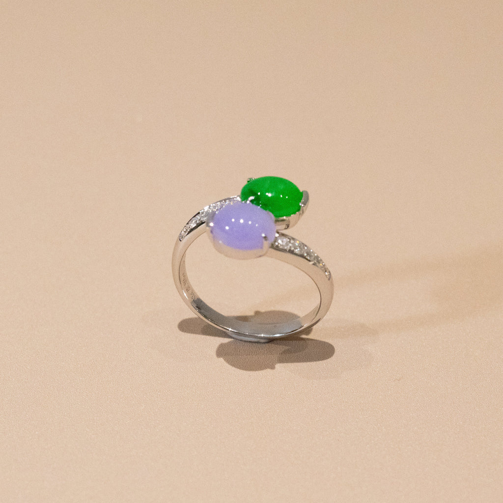 Rare Burmese Jade Cabochon Crossover Ring – Apple Green & Vivid Purple Jadeite, Diamond Accents, 18K White Gold