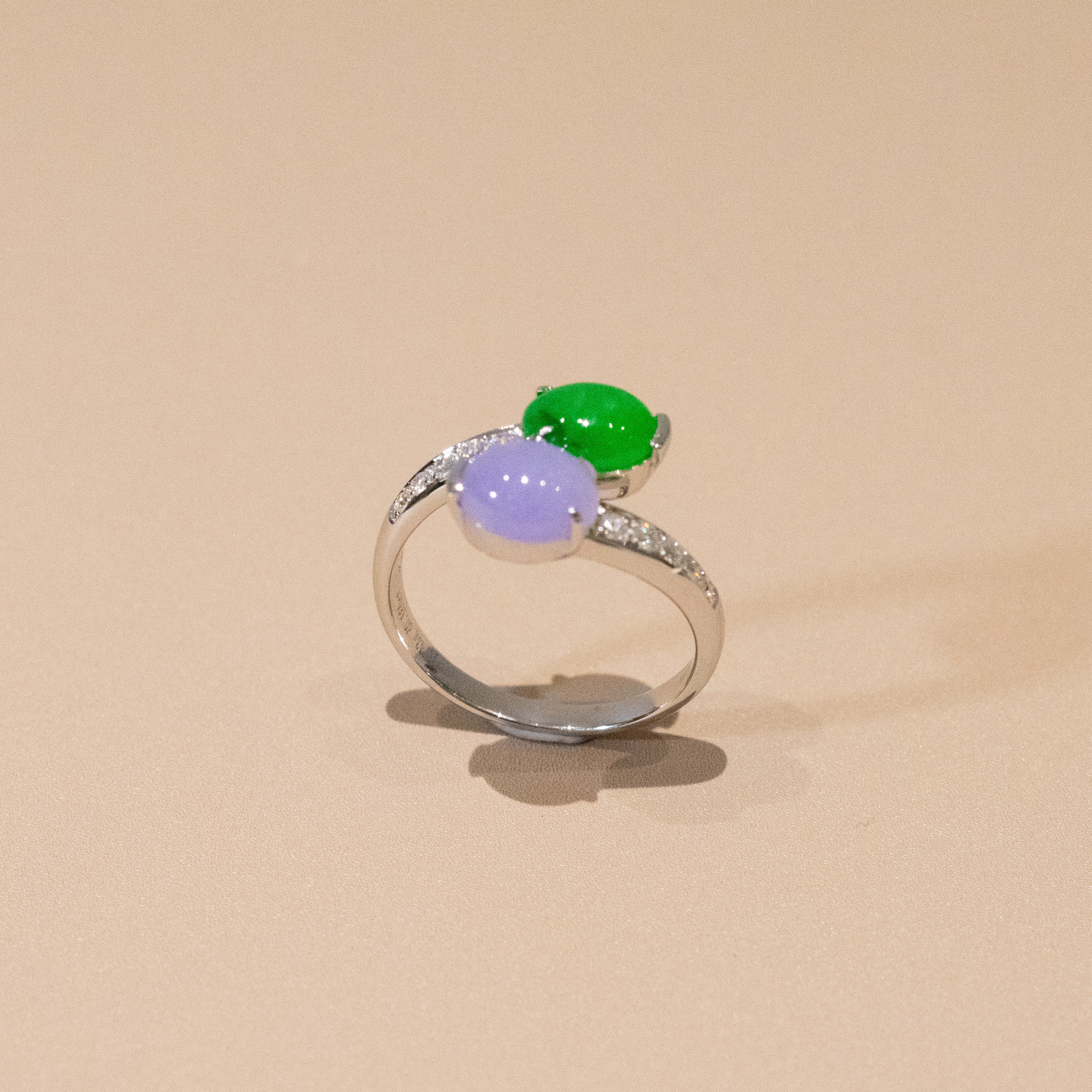 Rare Burmese Jade Cabochon Crossover Ring – Apple Green & Vivid Purple Jadeite, Diamond Accents, 18K White Gold