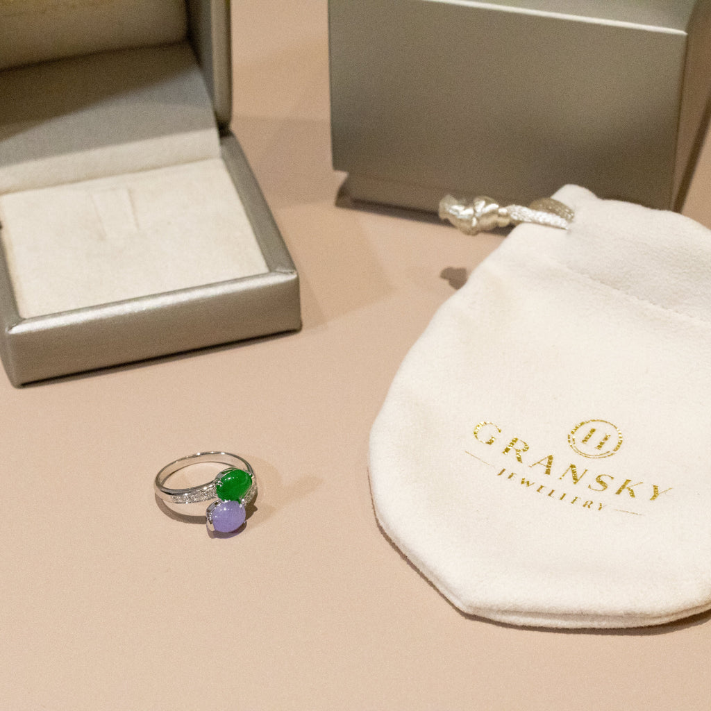 Rare Burmese Jade Cabochon Crossover Ring – Apple Green & Vivid Purple Jadeite, Diamond Accents, 18K White Gold