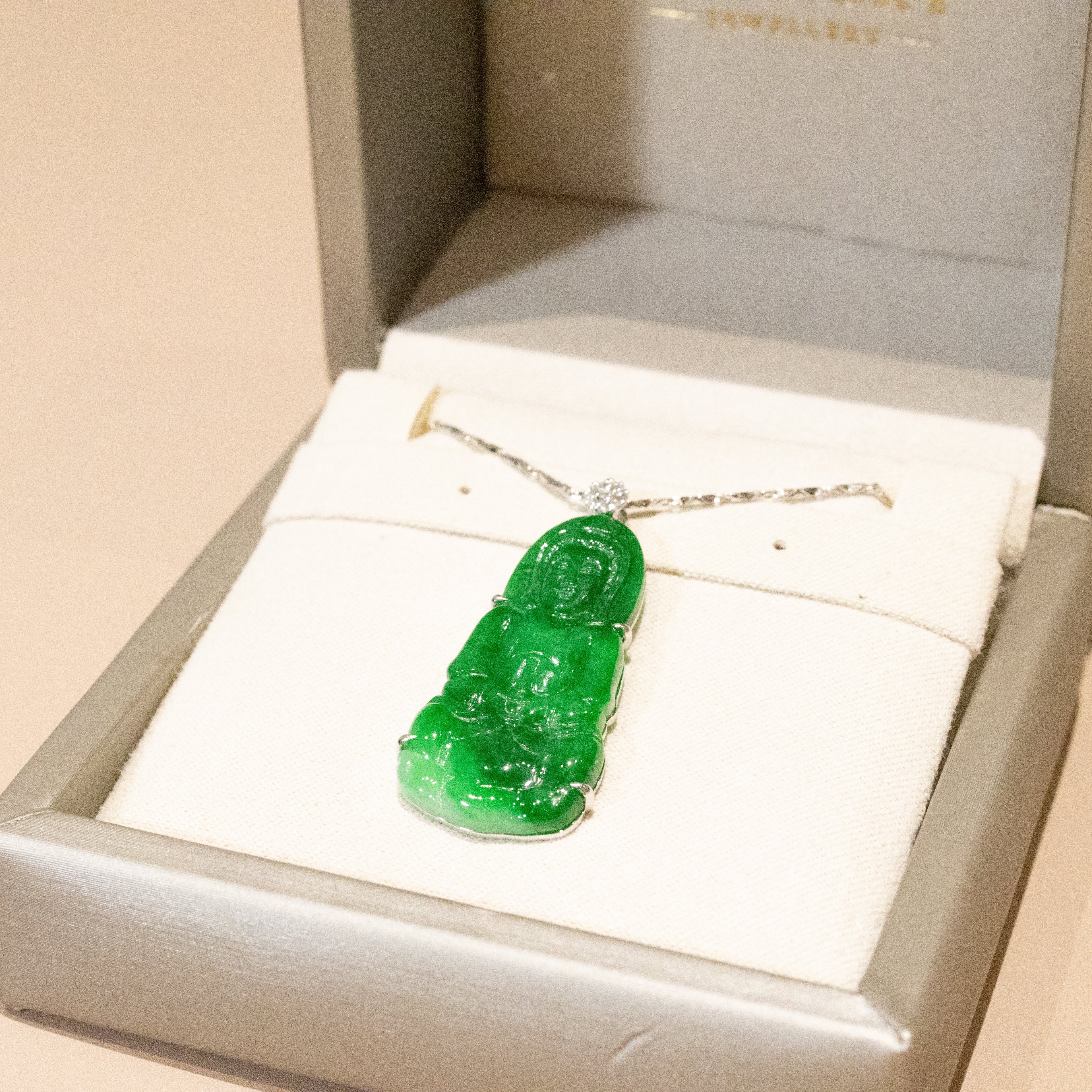 Gransky Handmade GuanYin Imperial Green Jade Pendant 18k White Gold and Diamonds