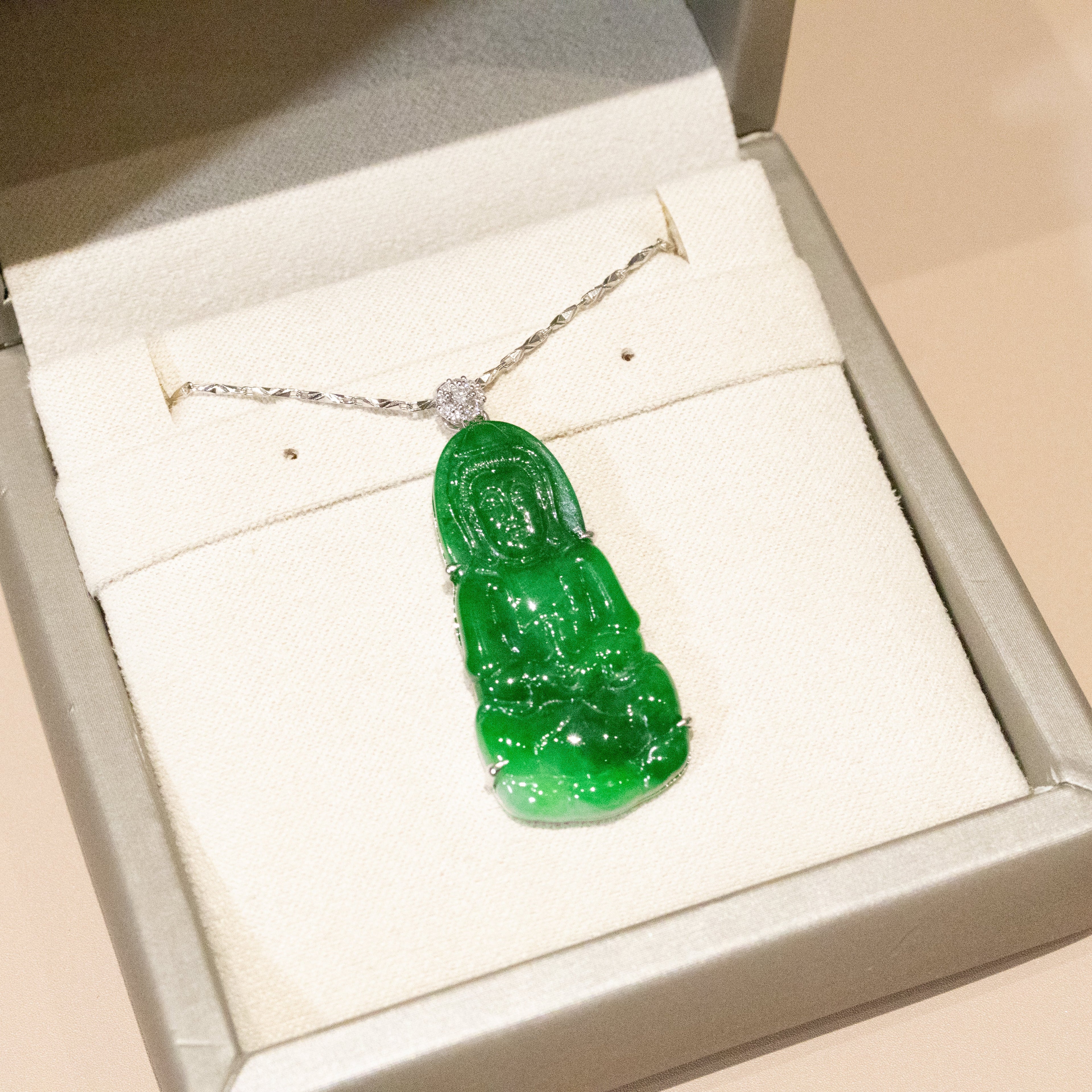 Gransky Handmade GuanYin Imperial Green Jade Pendant 18k White Gold and Diamonds