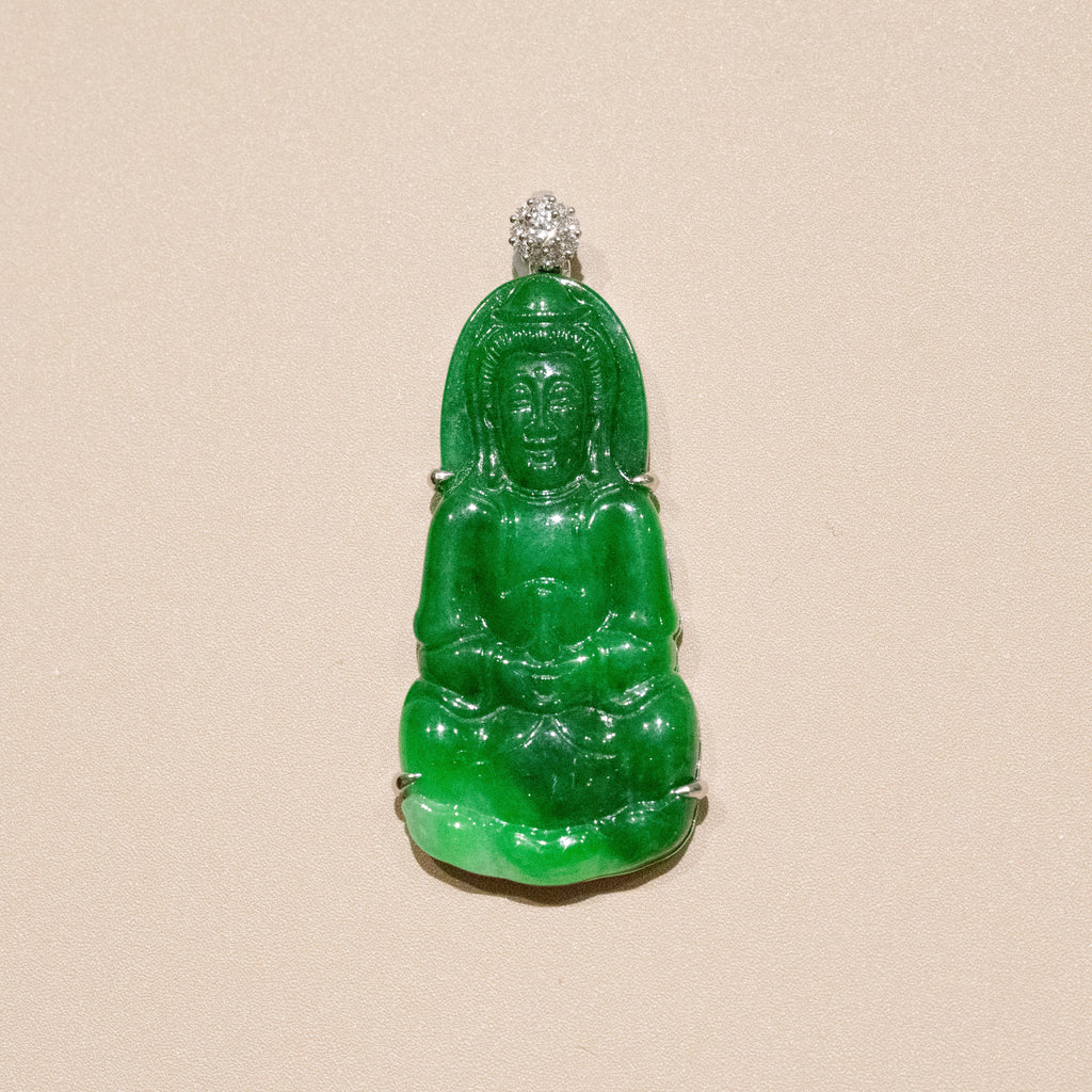 Gransky Handmade GuanYin Imperial Green Jade Pendant 18k White Gold and Diamonds