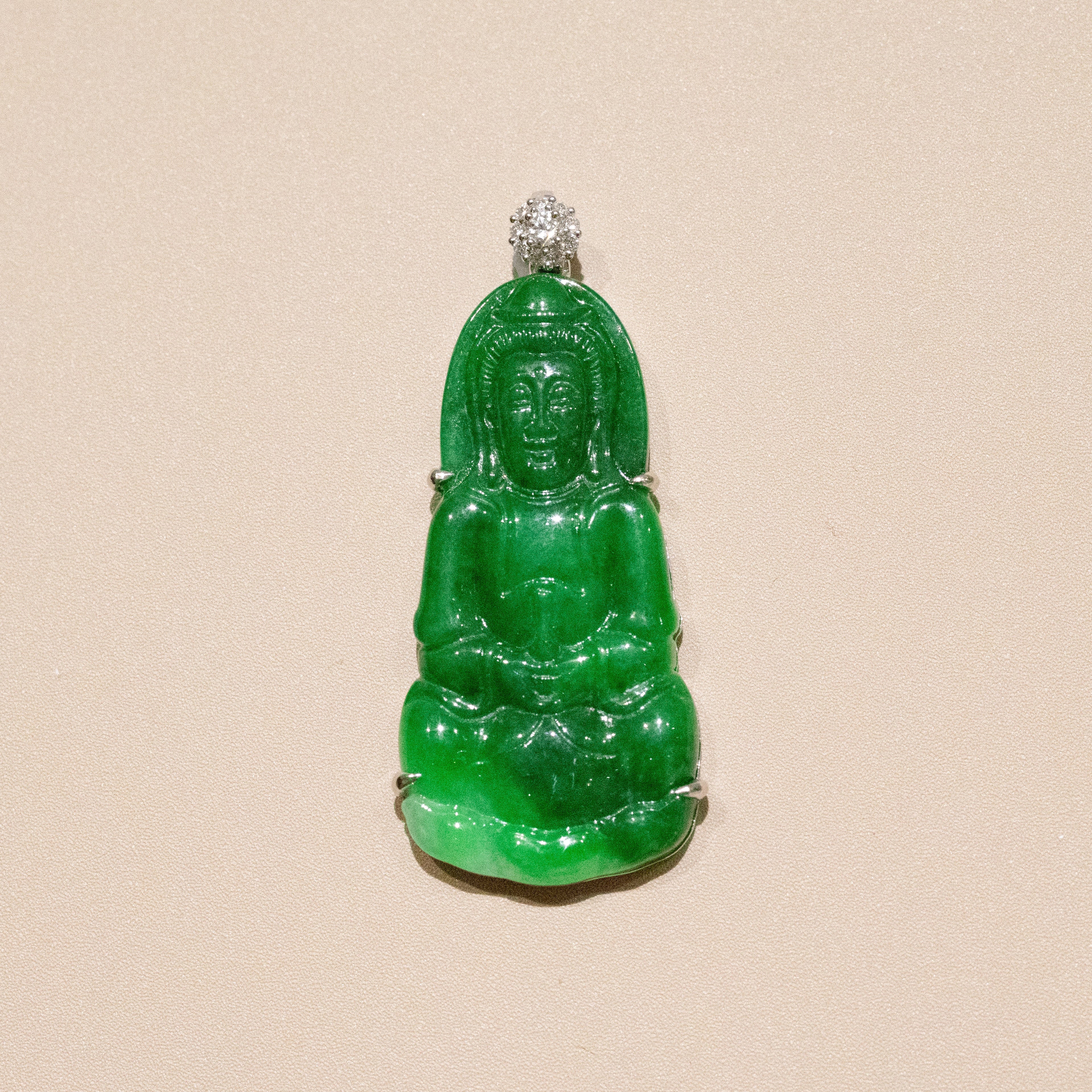 Gransky Handmade GuanYin Imperial Green Jade Pendant 18k White Gold and Diamonds