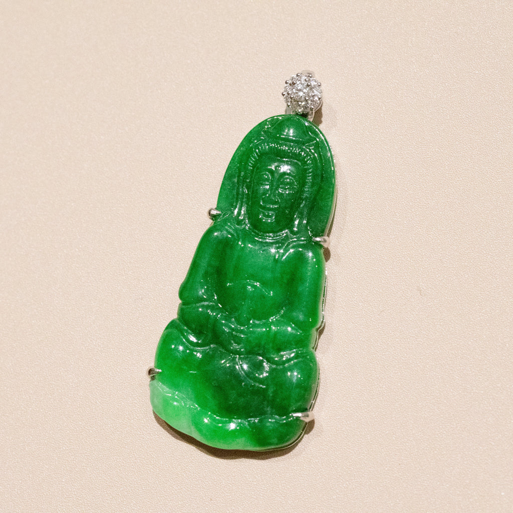 Gransky Handmade GuanYin Imperial Green Jade Pendant 18k White Gold and Diamonds