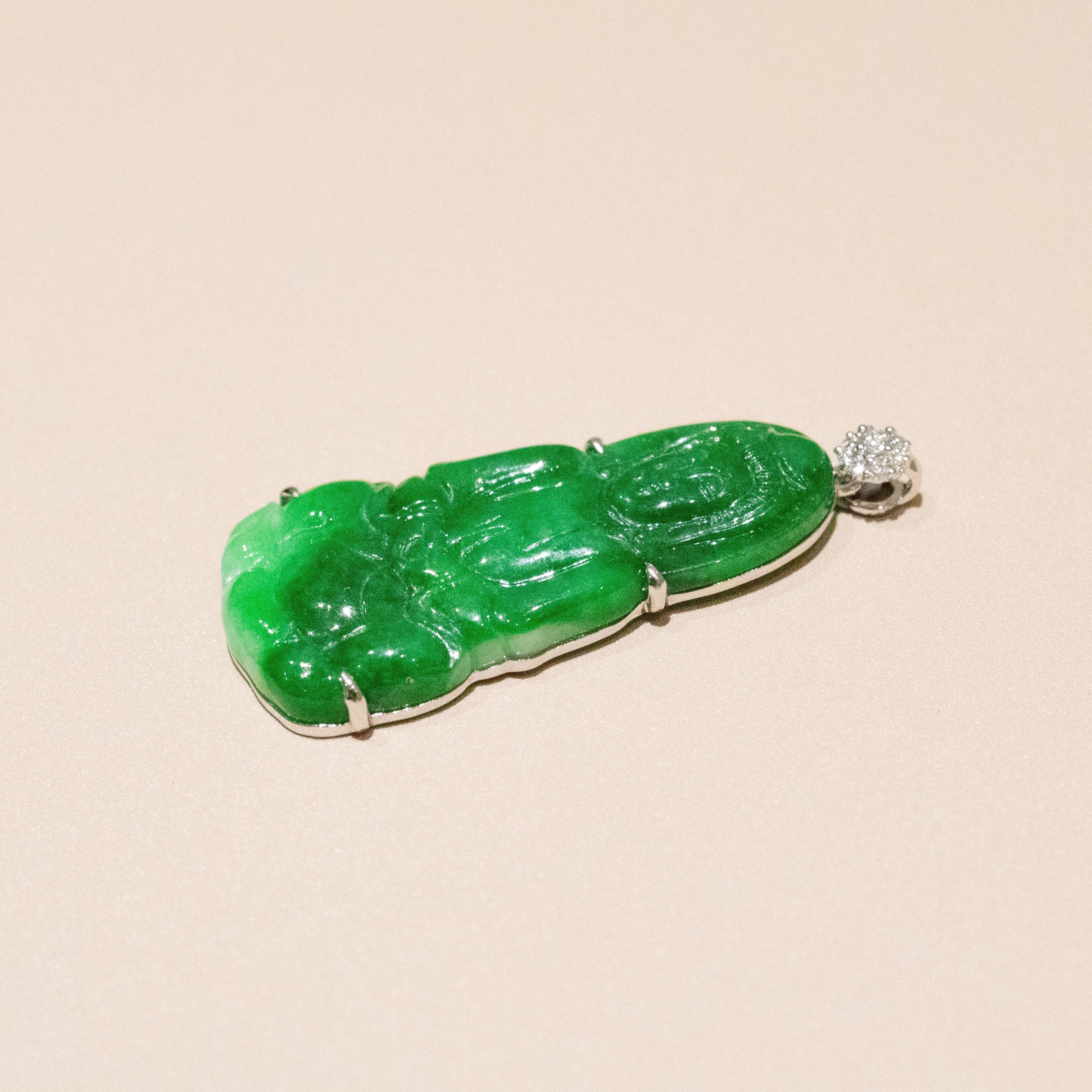 Gransky Handmade GuanYin Imperial Green Jade Pendant 18k White Gold and Diamonds