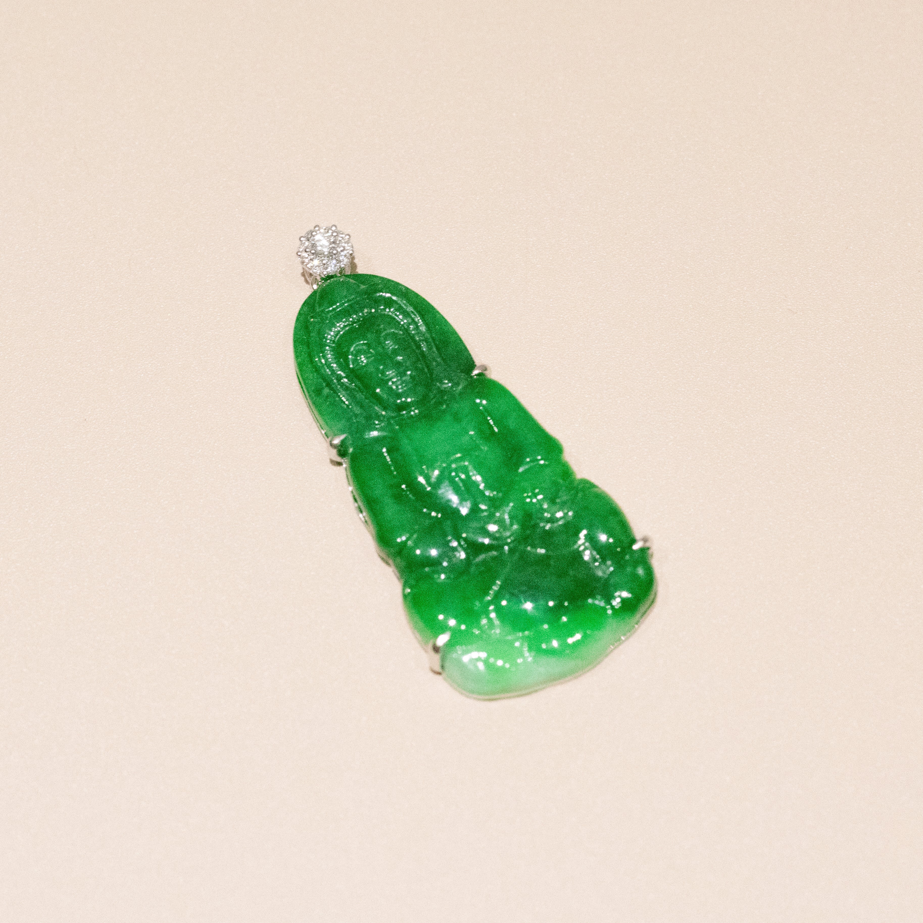 Gransky Handmade GuanYin Imperial Green Jade Pendant 18k White Gold and Diamonds
