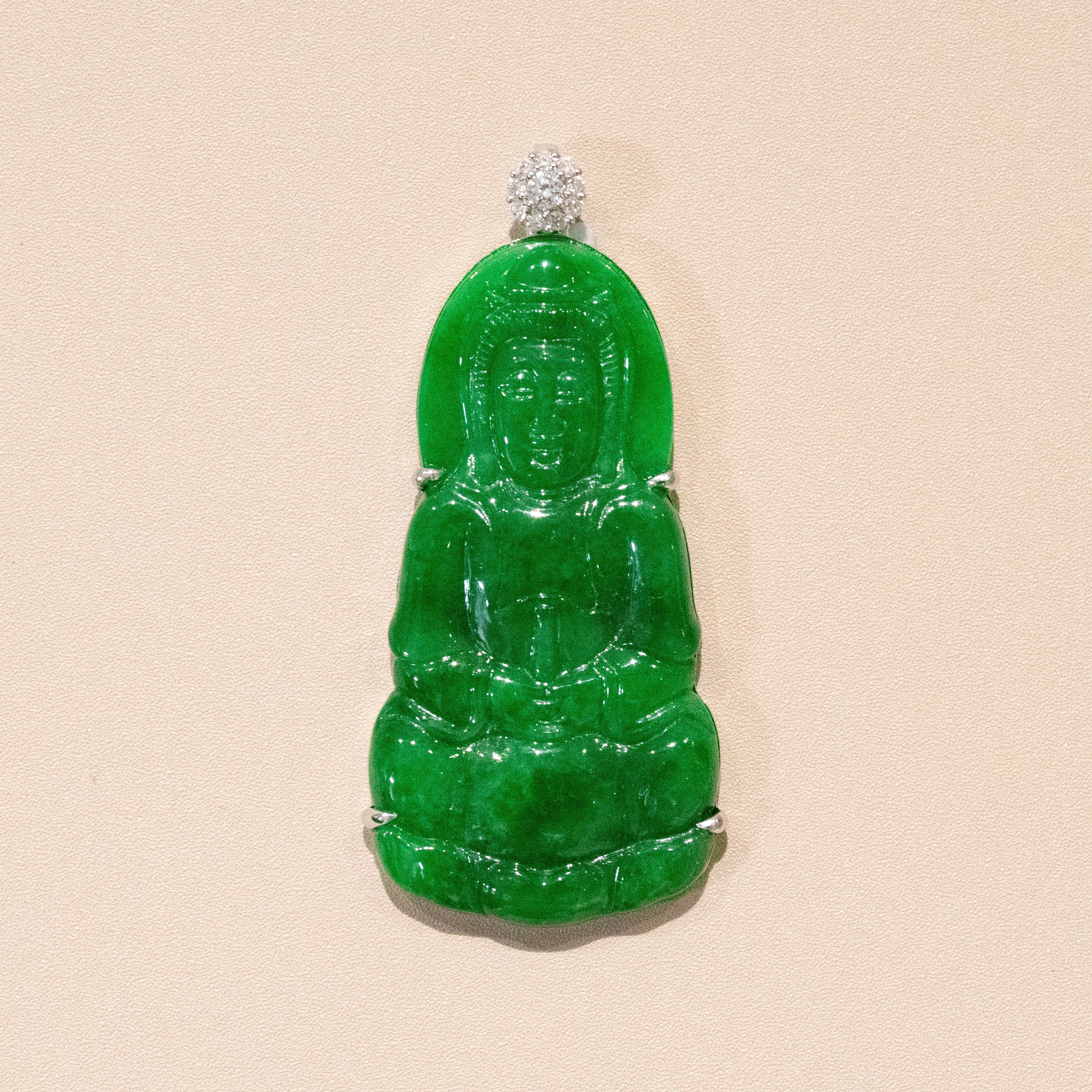 Gransky Handmade GuanYin Imperial Green Jade Pendant 18k White Gold and Diamonds