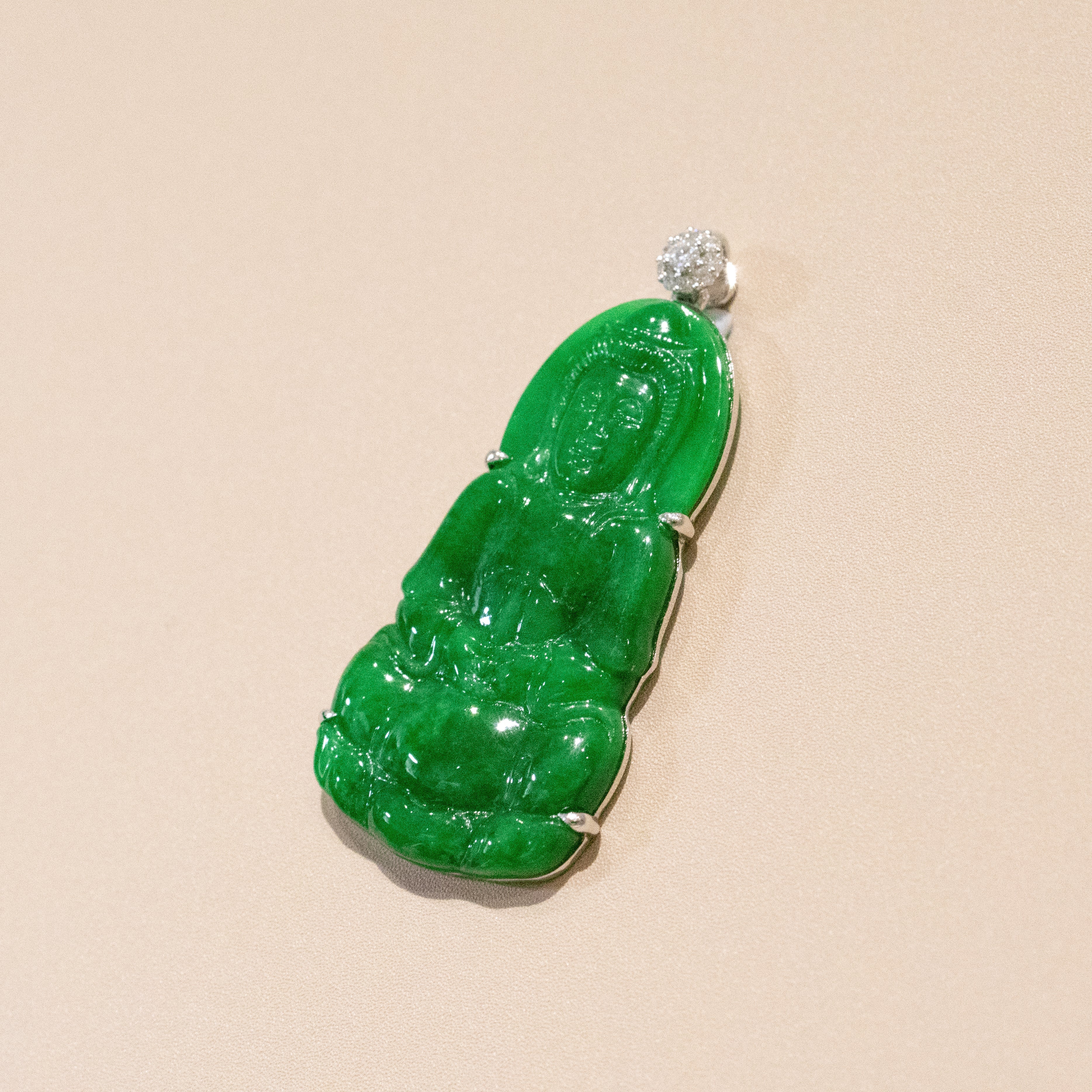 Gransky Handmade GuanYin Imperial Green Jade Pendant 18k White Gold and Diamonds