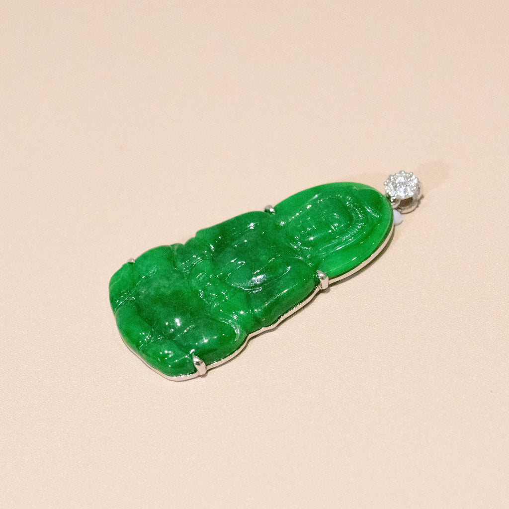 Gransky Handmade GuanYin Imperial Green Jade Pendant 18k White Gold and Diamonds