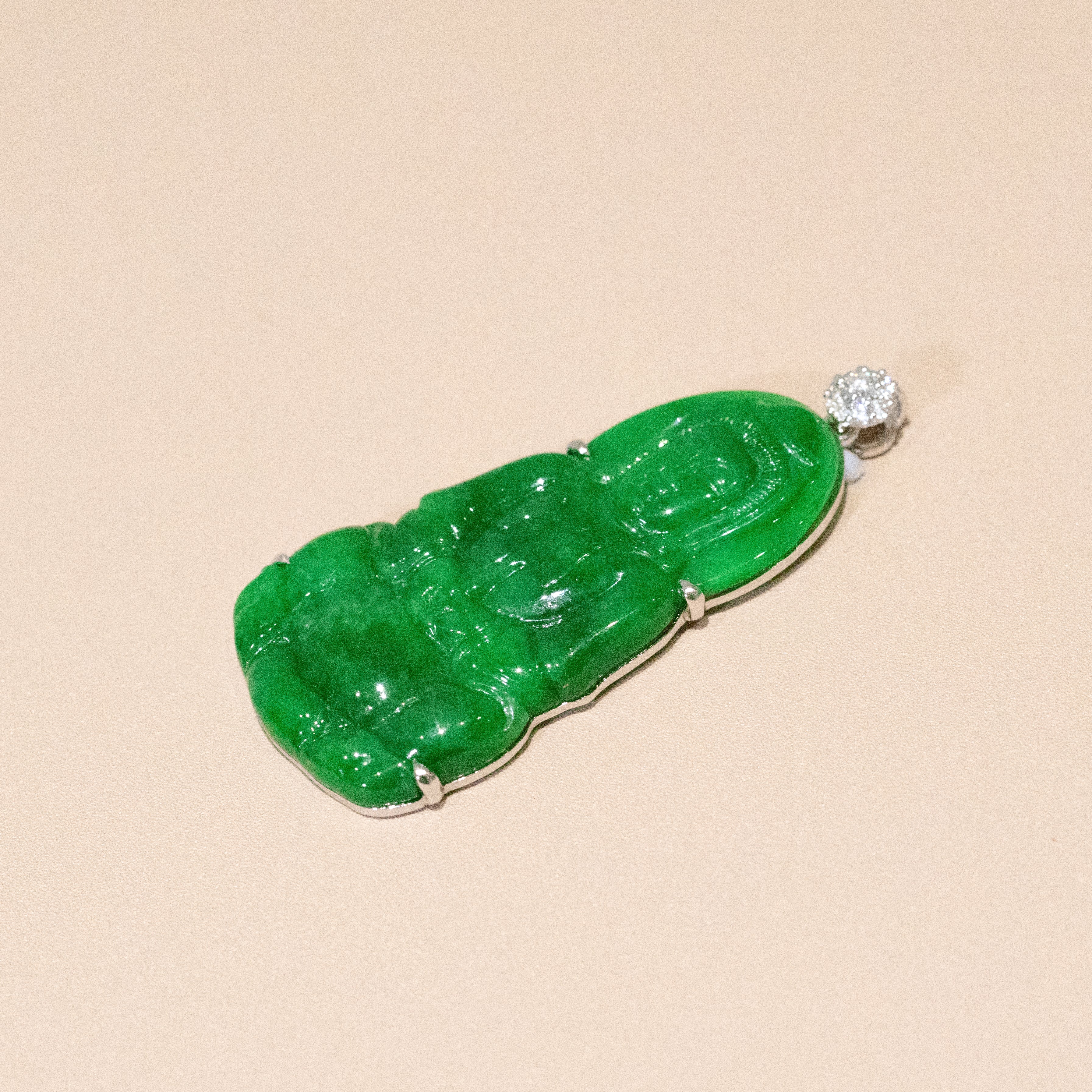 Gransky Handmade GuanYin Imperial Green Jade Pendant 18k White Gold and Diamonds