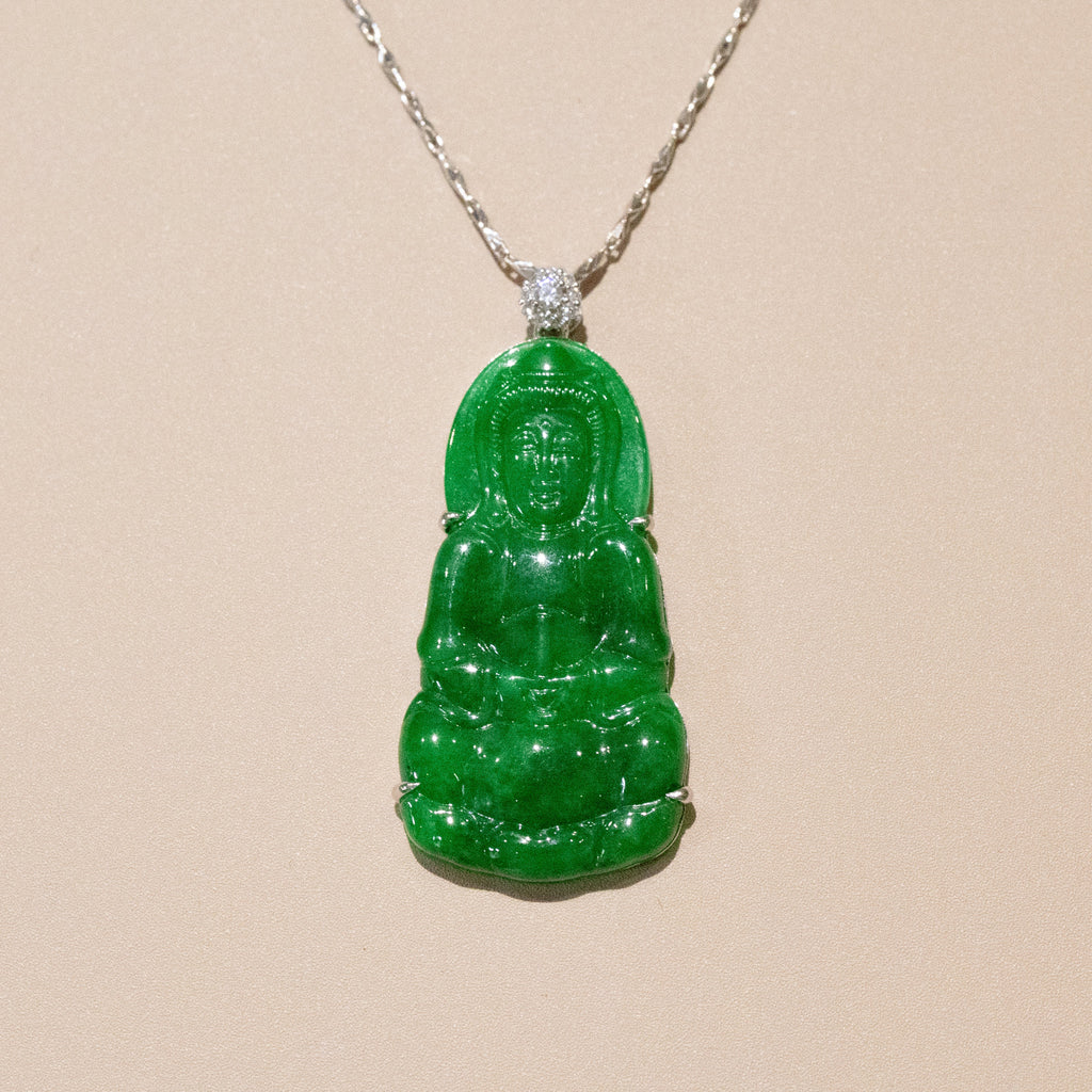 Gransky Handmade GuanYin Imperial Green Jade Pendant 18k White Gold and Diamonds